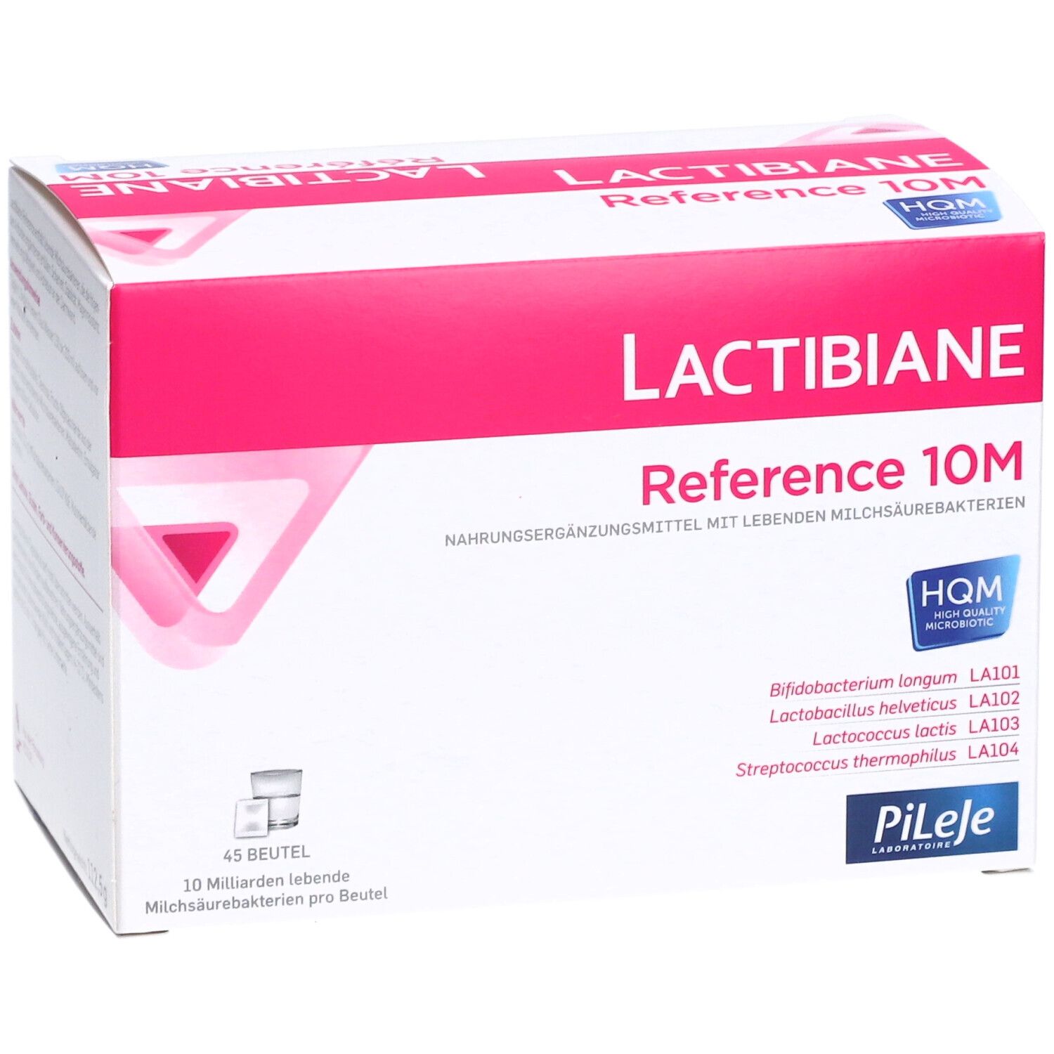 Weiß-rosa Schachtel LACTIBIANE Reference 10M. Enthält 45 Beutel. Aufschrift: Nahrungsergänzungsmittel mit lebenden Milchsäurebakterien.