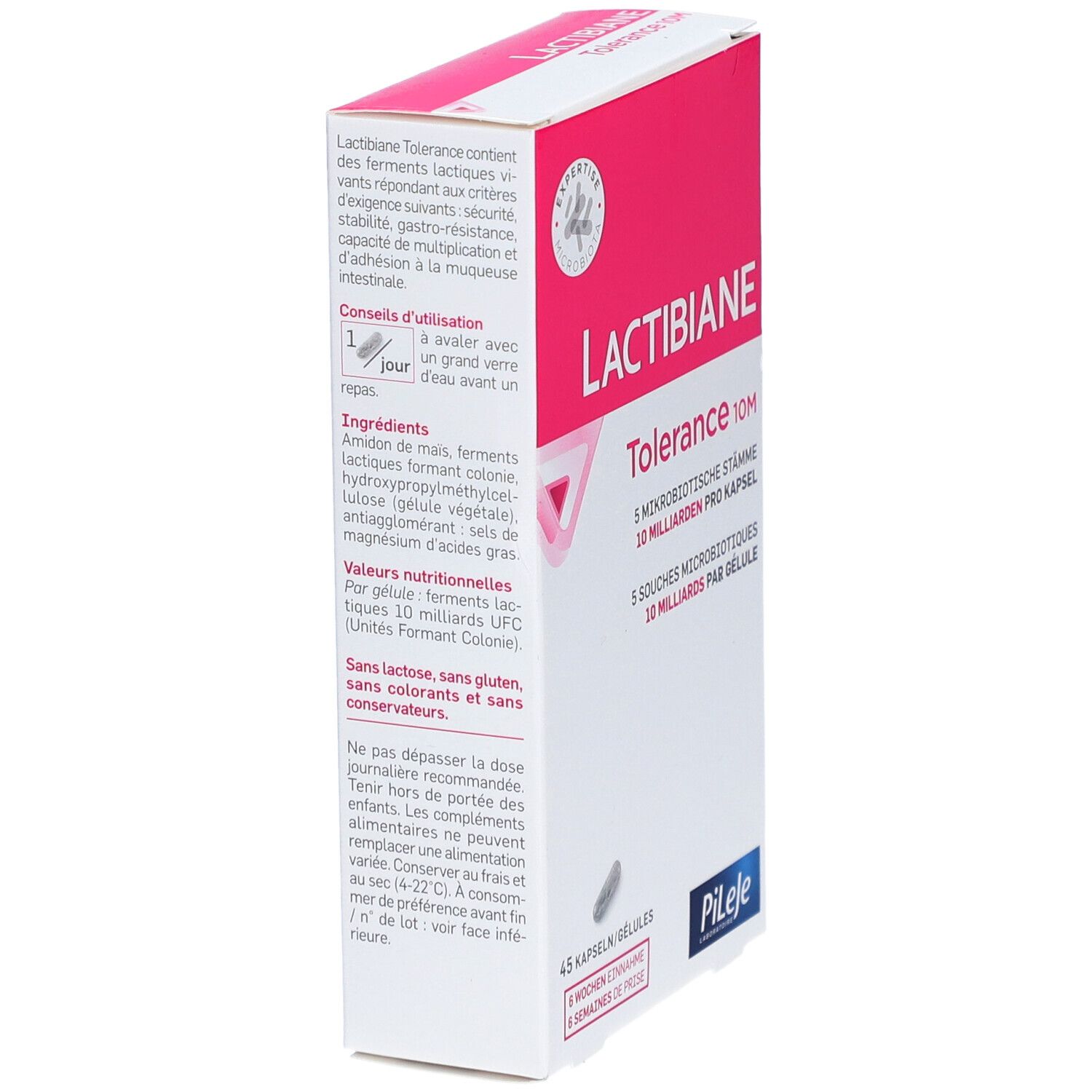 Produktverpackung mit Text und Inhaltsangaben. Rosa und weiße Farbgebung. Enthält eine Kapsel-Abbildung.