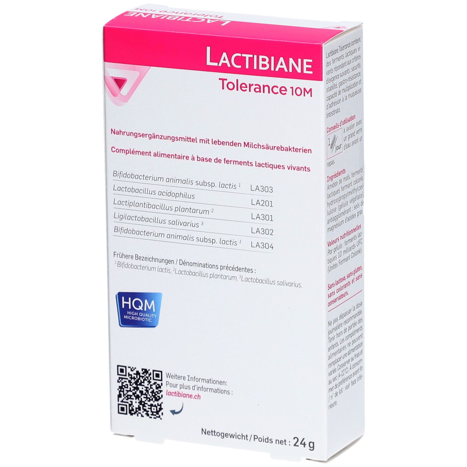 Produktverpackung mit Inhaltsstoffen und Informationen. Weiß mit rosa Akzenten. Enthält QR-Code und Logo.
