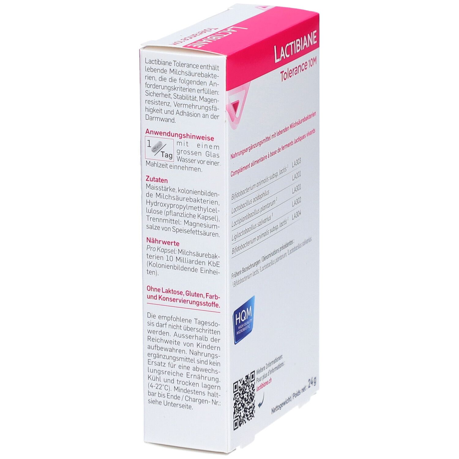 Produktverpackung mit Text und Informationen. Weiß mit rosa Akzenten. Enthält QR-Code und Logo.