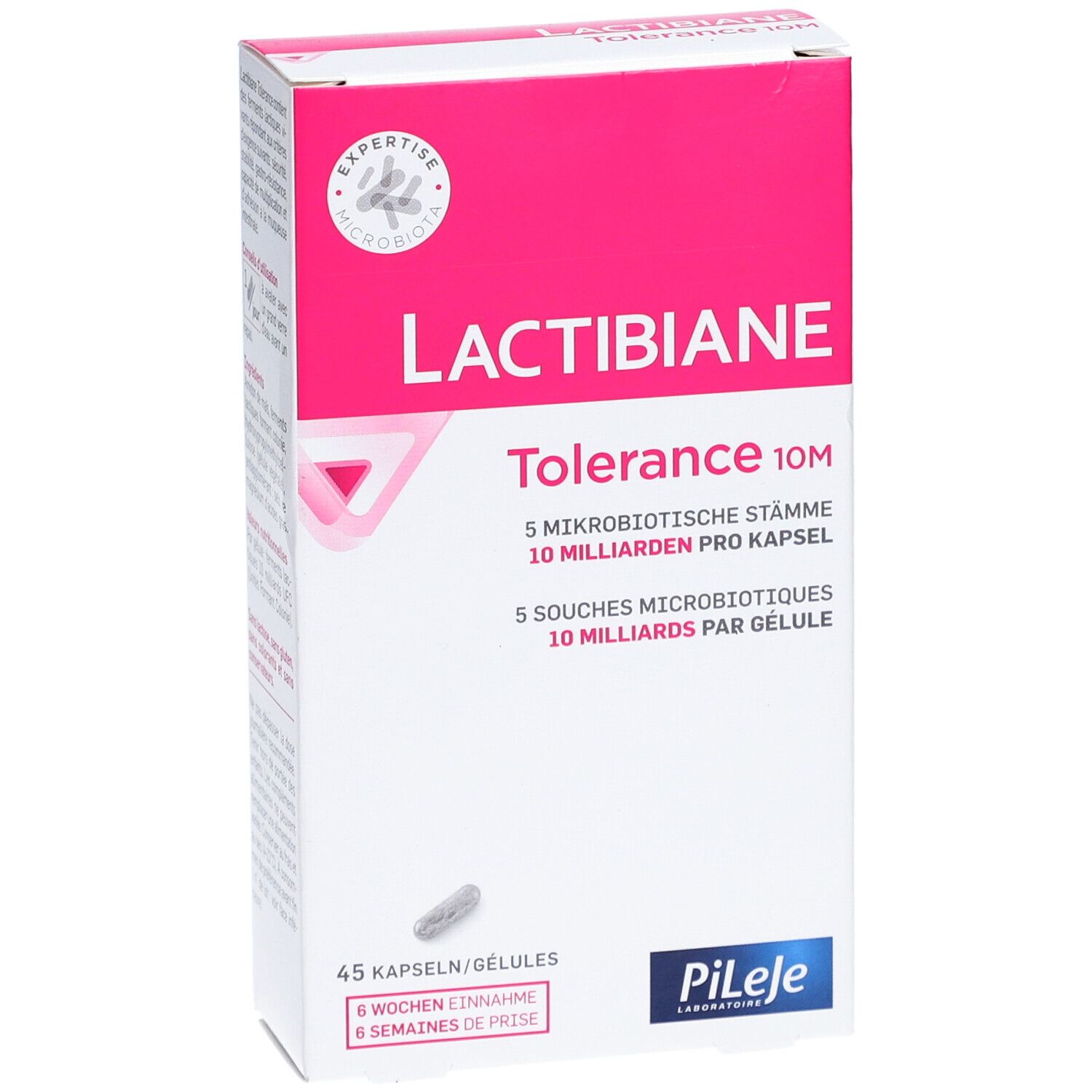Weiß-rosa Schachtel mit Produktnamen und Logo. Enthält Kapsel-Abbildung. Text: 45 Kapseln/Gelules.