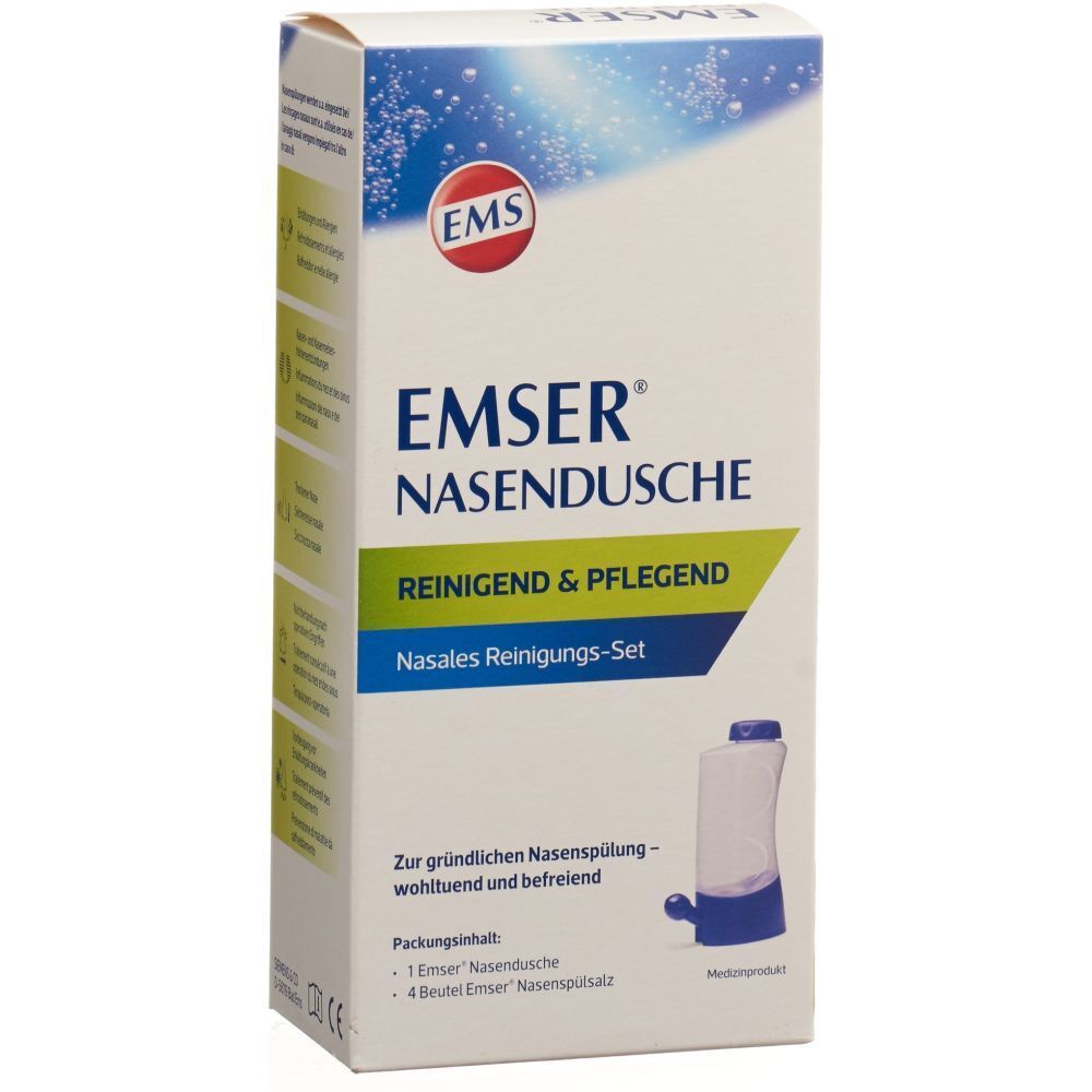 Verpackung von EMSER Nasendusche. Weißer Karton mit Produktabbildung und Logo. Enthält Nasendusche und Nasenspülsalz.