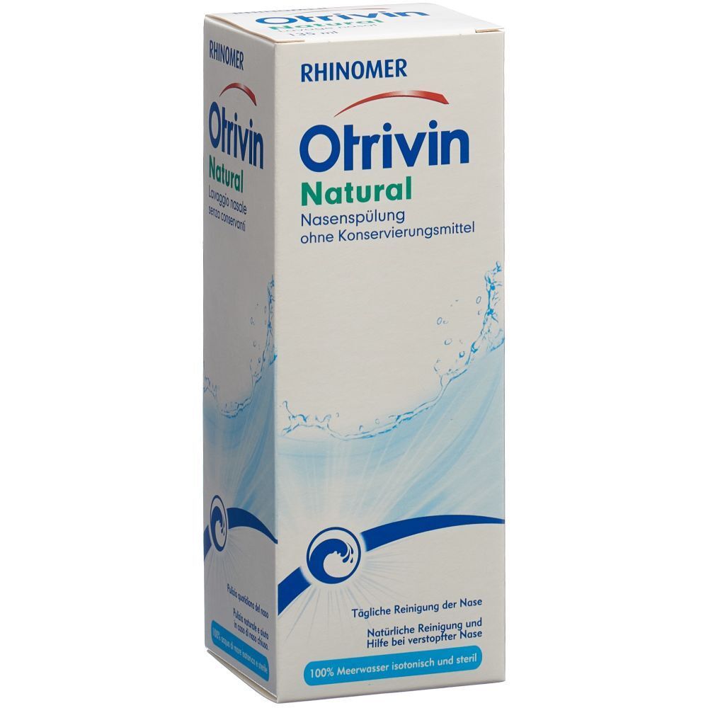 Otrvivin Natural Nasenspülung in weißer Schachtel. Text: Rhinomer, Otrvivin Natural, ohne Konservierungsmittel.