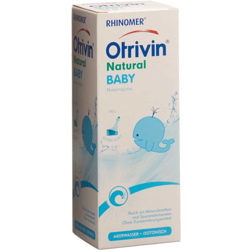 Boîte de spray nasal Otrivin Natural Baby. Blanche, baleine bleue, nom du produit. Contient de l'eau de mer.