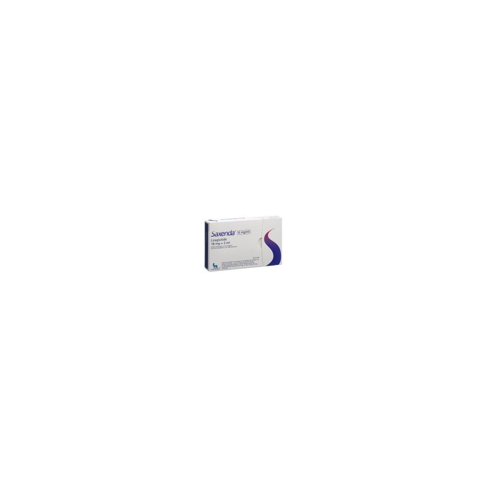 Boîte de médicament Saxenda. Emballage blanc et bleu avec logo. Inscriptions et informations.