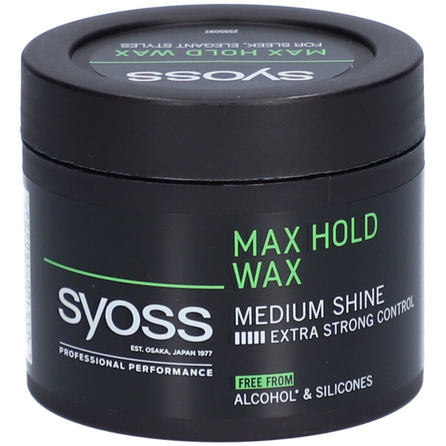 Pot noir avec couvercle vert. Inscription : Syoss, Max Hold Wax, Medium Shine, Extra Strong Control. Sans alcool et silicones.