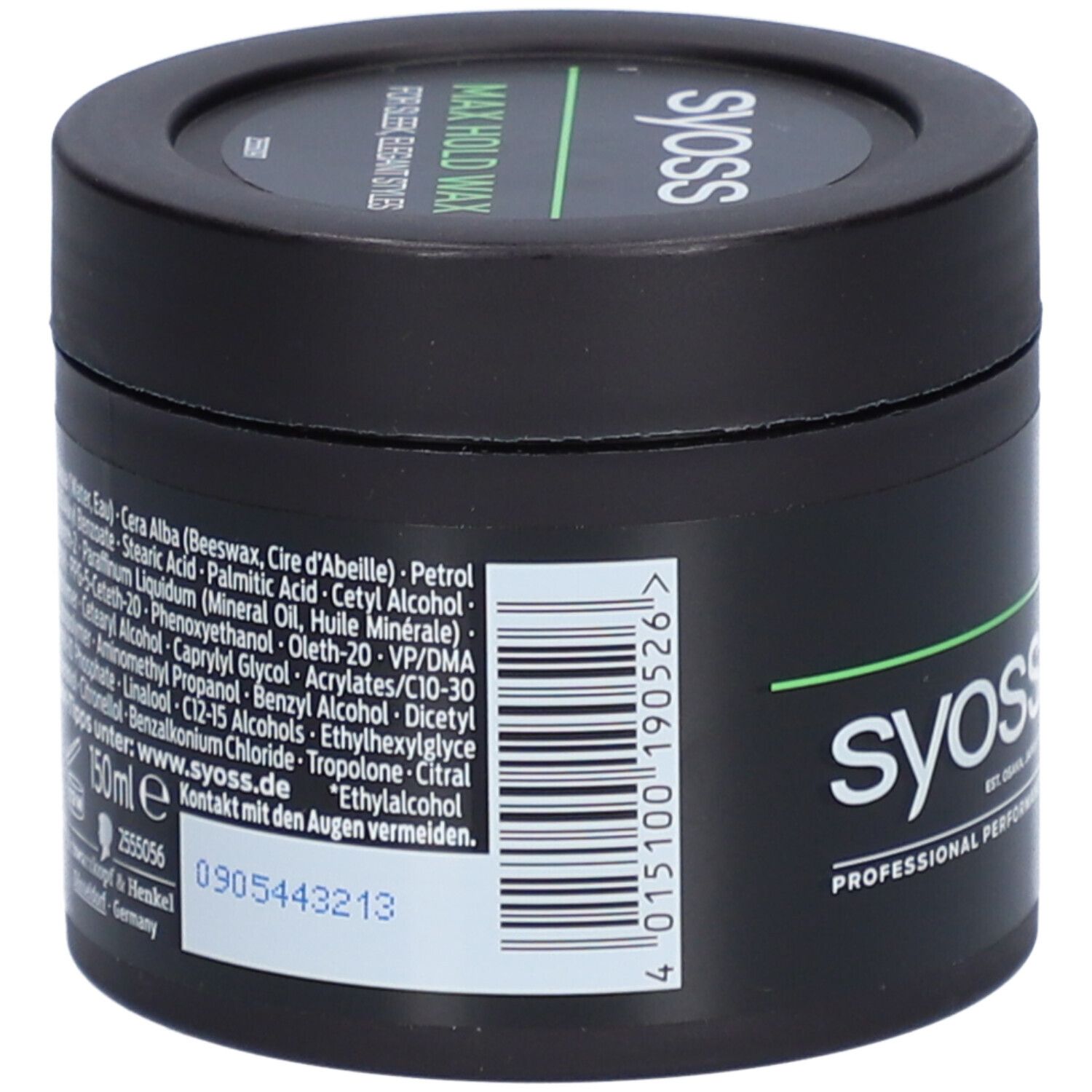 Pot noir avec texte vert. Inscription : Syoss. Dos avec ingrédients et code-barres. Éviter le contact avec les yeux.