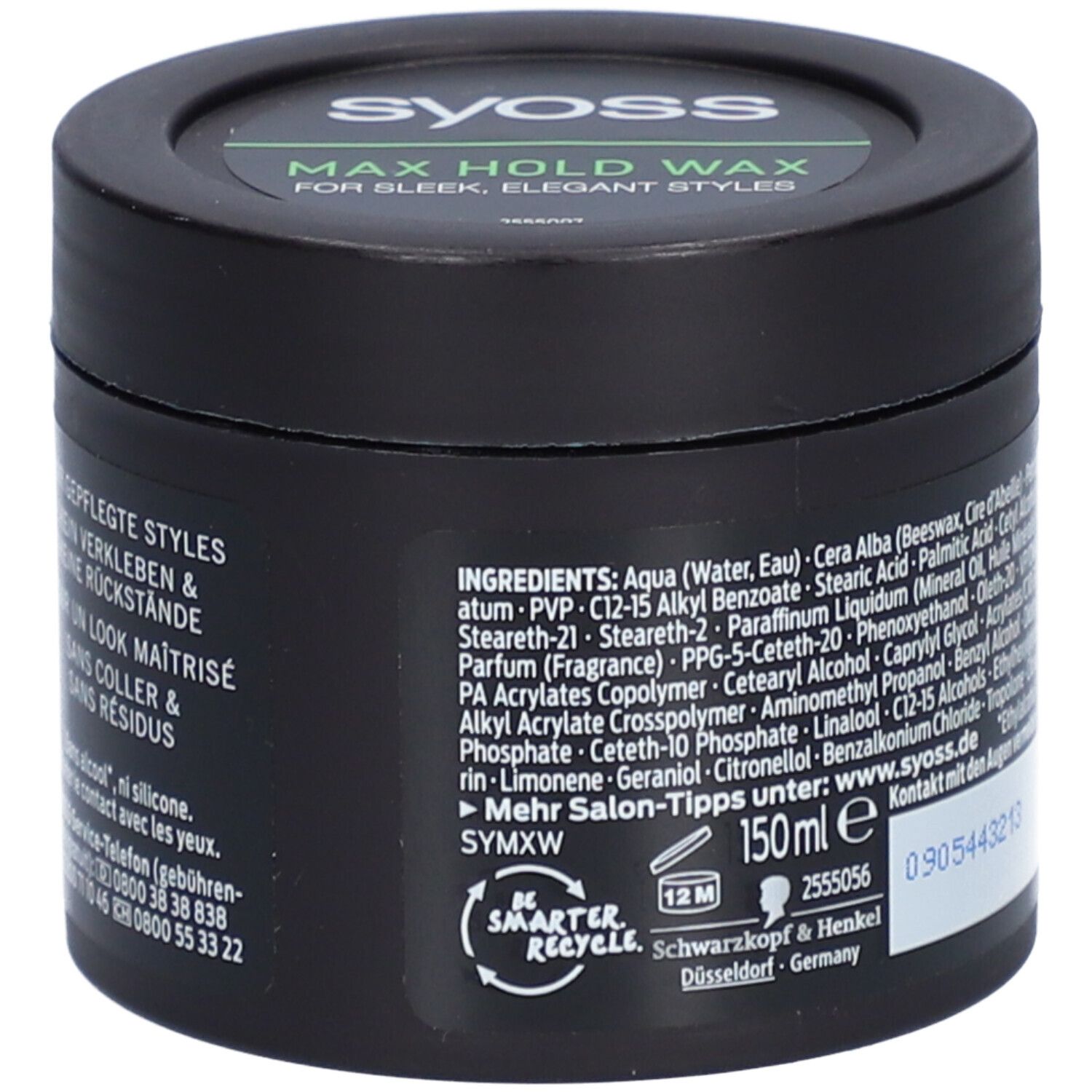 Pot noir avec texte vert. Inscription : Syoss, Max Hold Wax, 150ml. Dos avec ingrédients et symbole de recyclage.