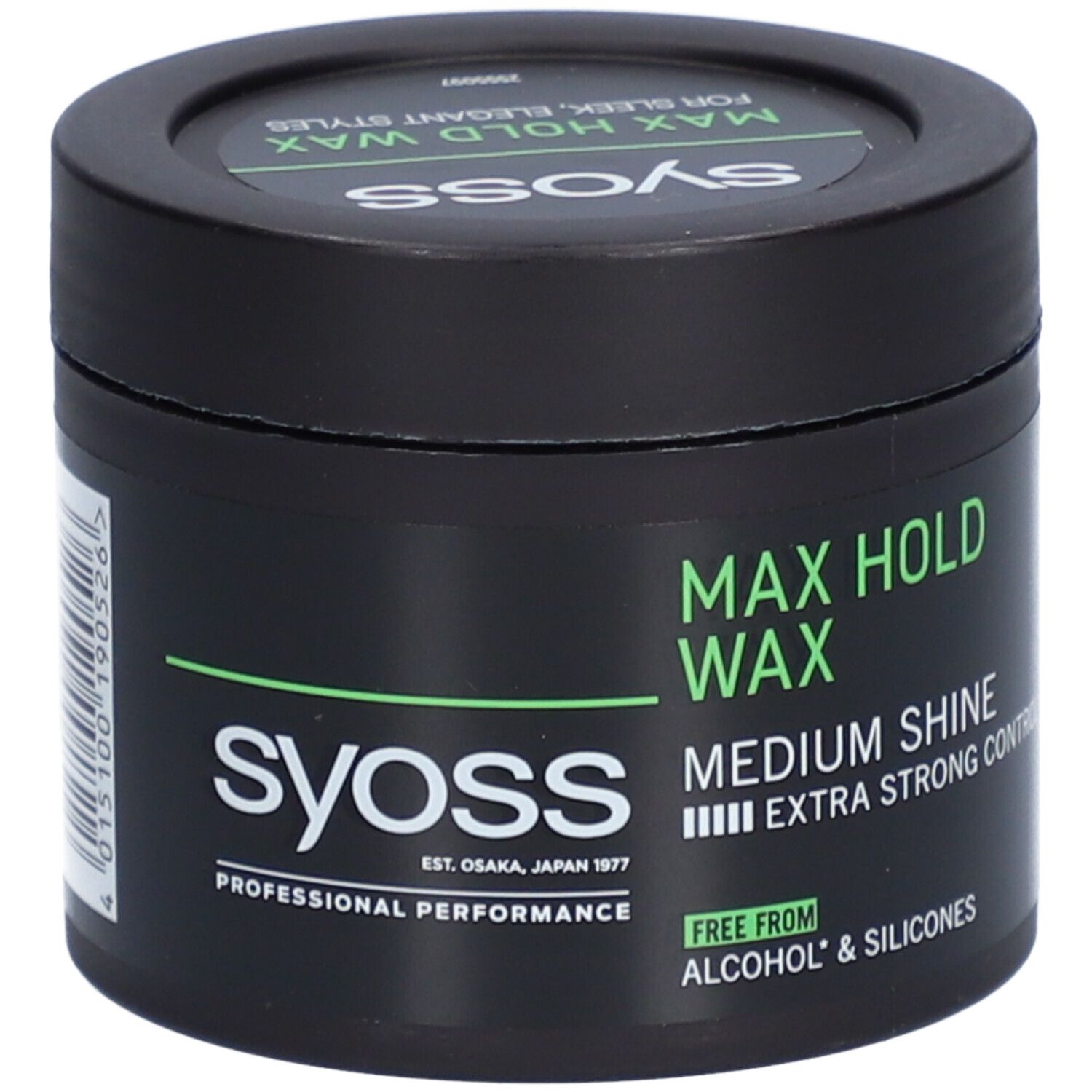 Pot noir avec texte vert. Inscription : Syoss, Max Hold Wax, Medium Shine, Extra Strong Control. Sans alcool et silicones.