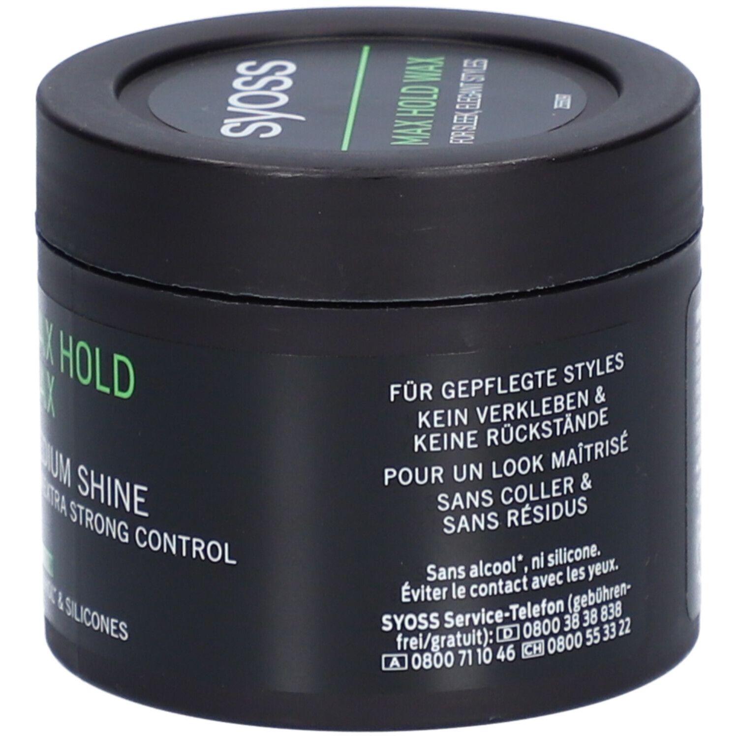 Pot noir avec texte vert. Inscription : Syoss, Max Hold Wax, Medium Shine, Extra Strong Control. Sans alcool et silicones.