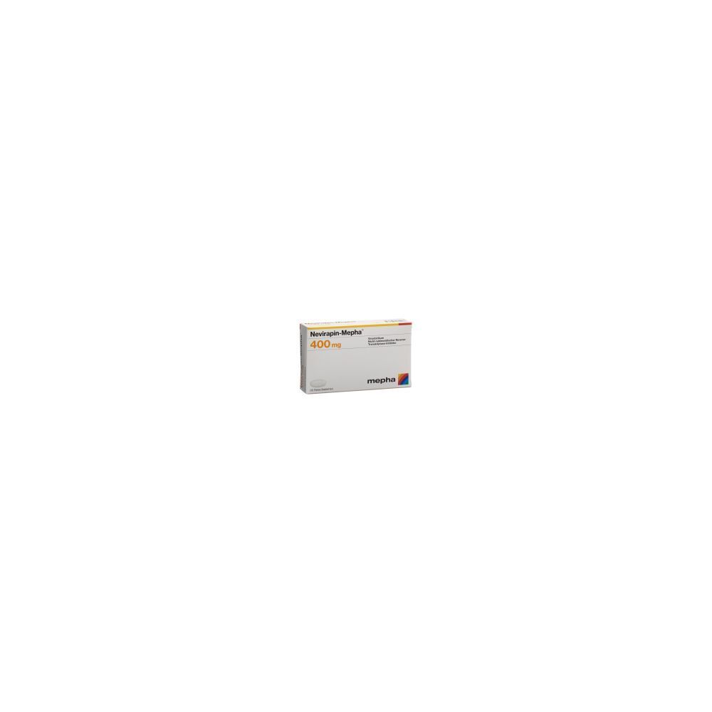Verpackung von NEVIRAPIN Mepha Ret Tabl 400 mg. Aufschrift: NEVIRAPIN Mepha, 400 mg. Herstellerlogo: mepha.