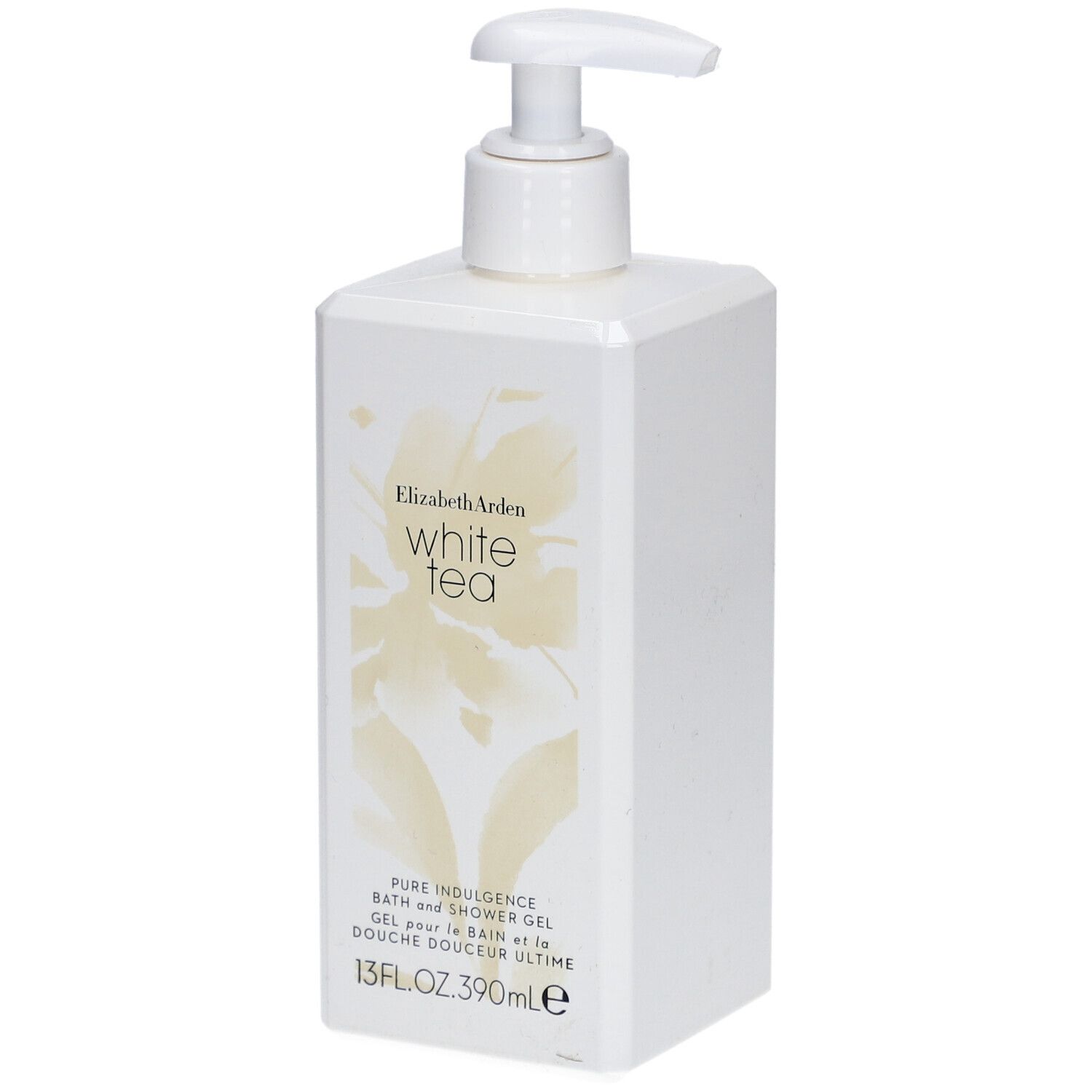 Weißes Duschgel mit Pumpverschluss. Aufschrift: Elizabeth Arden White Tea. 13 fl.oz. 390ml.