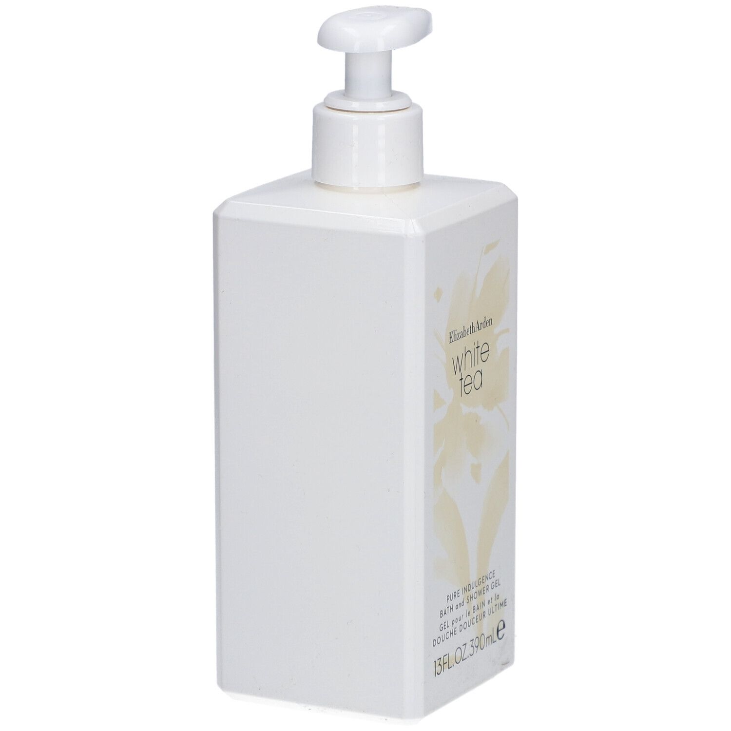 Weißes Duschgel mit Pumpverschluss. Aufschrift: Elizabeth Arden White Tea. 13 fl.oz. 390ml.