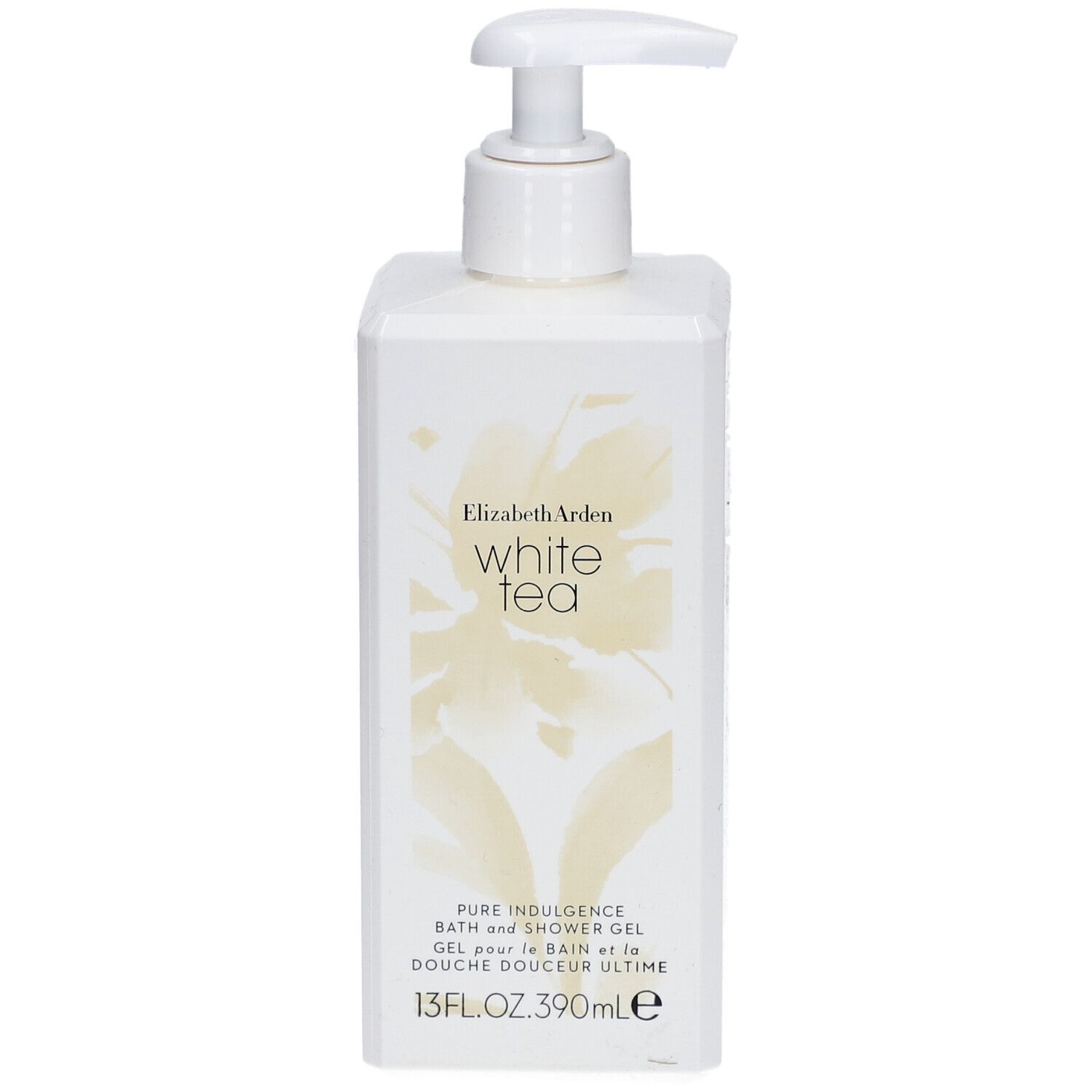 Weißes Duschgel mit Pumpverschluss. Aufschrift: Elizabeth Arden White Tea. 13 fl.oz. 390ml.