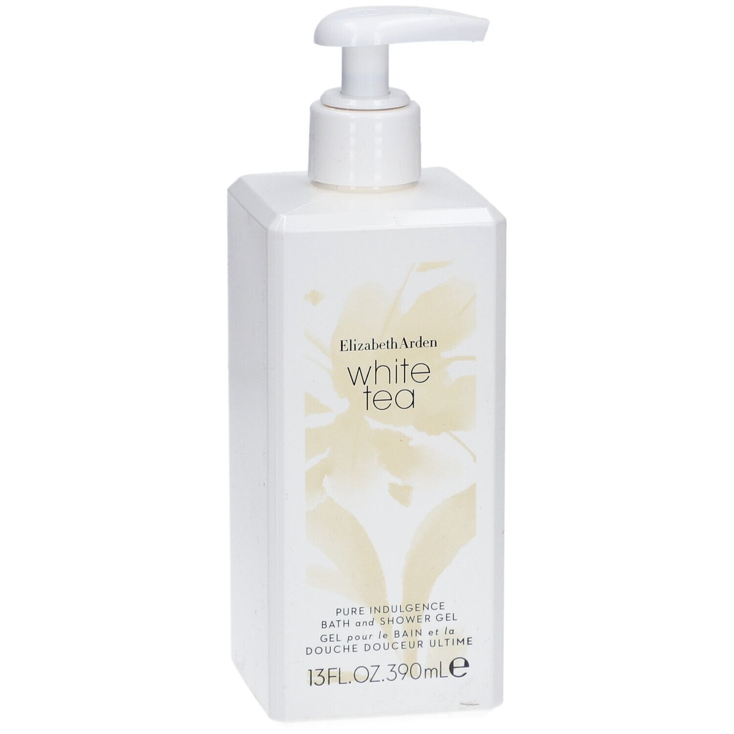 Weißes Duschgel mit Pumpverschluss. Aufschrift: Elizabeth Arden White Tea. 13 fl.oz. 390ml.
