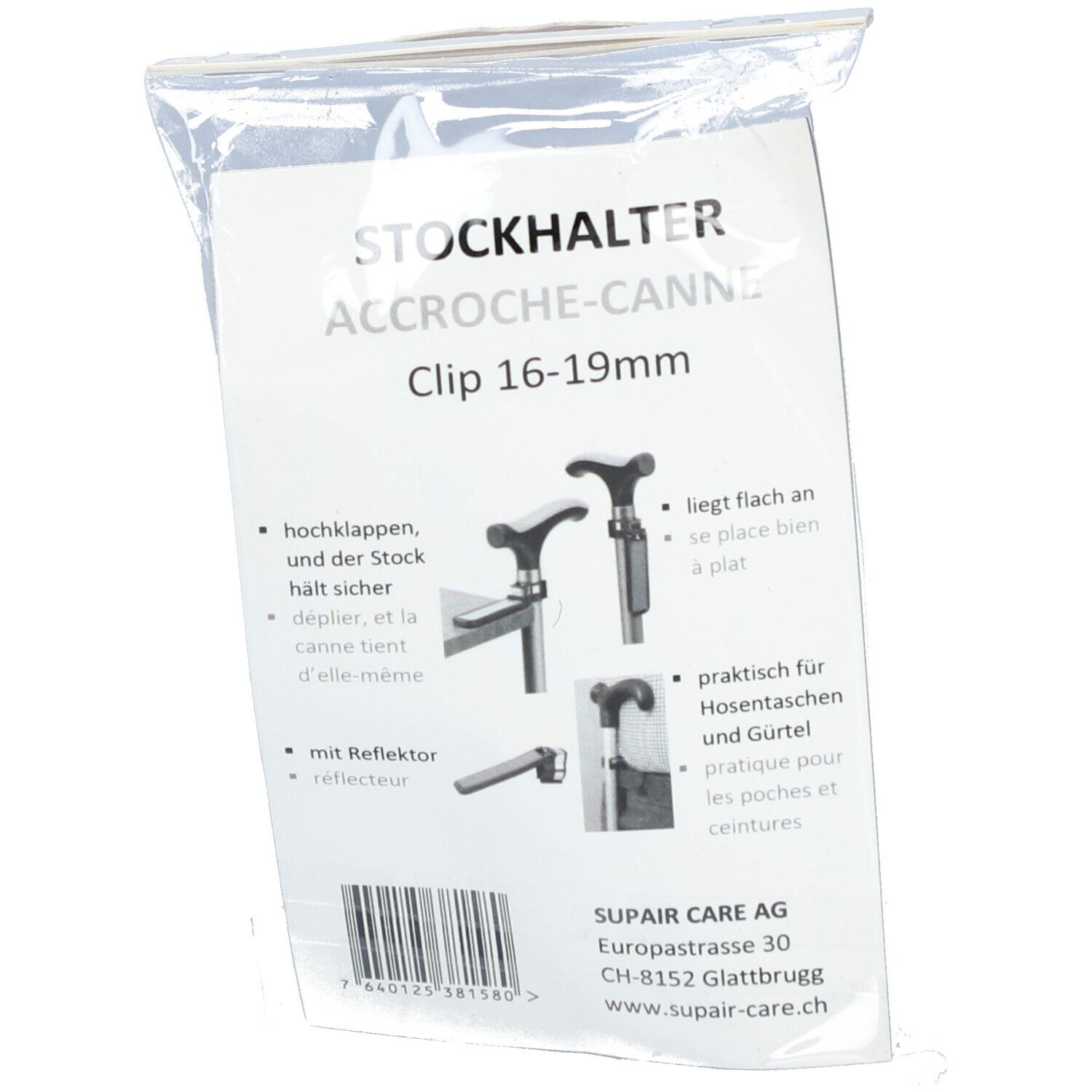 Verpackung mit Stockhalter. Text: STOCKHALTER ACCROCHE-CANNE Clip 16-19mm. Illustrationen zur Anwendung.