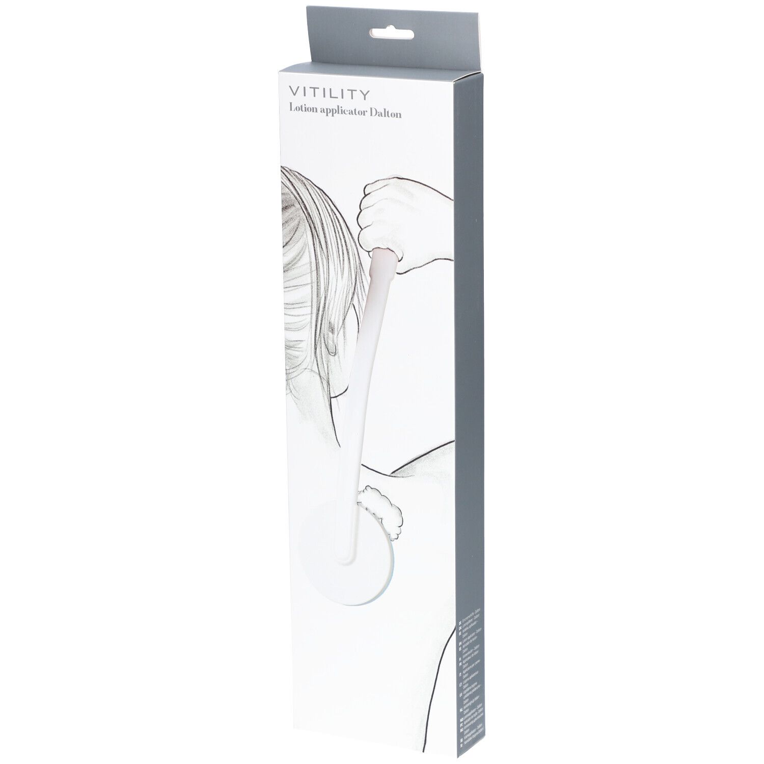 Verpackung des VITILITY Lotion Applicateur. Weiß-graue Schachtel mit Produktabbildung und Markenlogo.