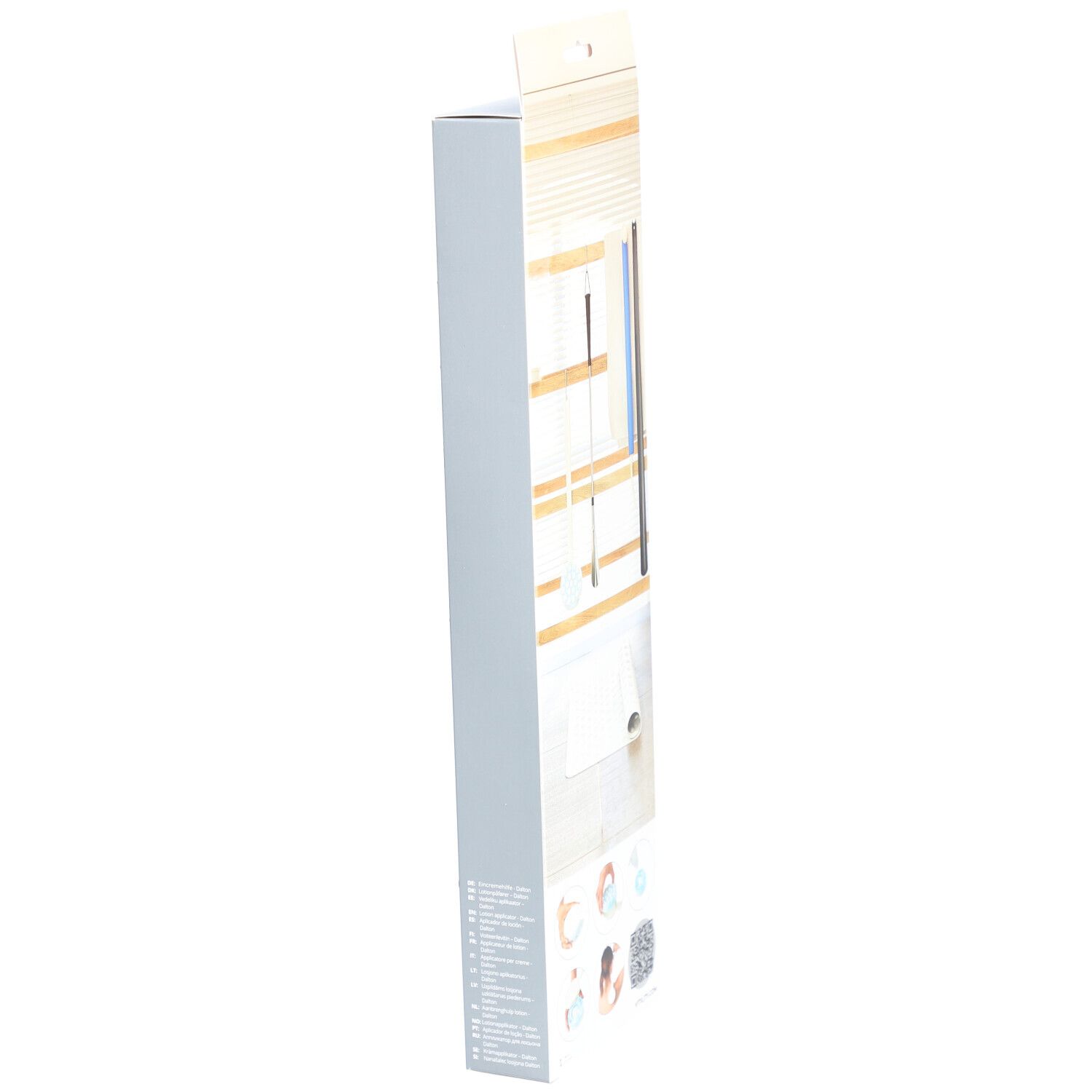 Seitenansicht der VITILITY Lotion Applicateur Verpackung. Produktabbildung und Anleitungen auf der Schachtel.