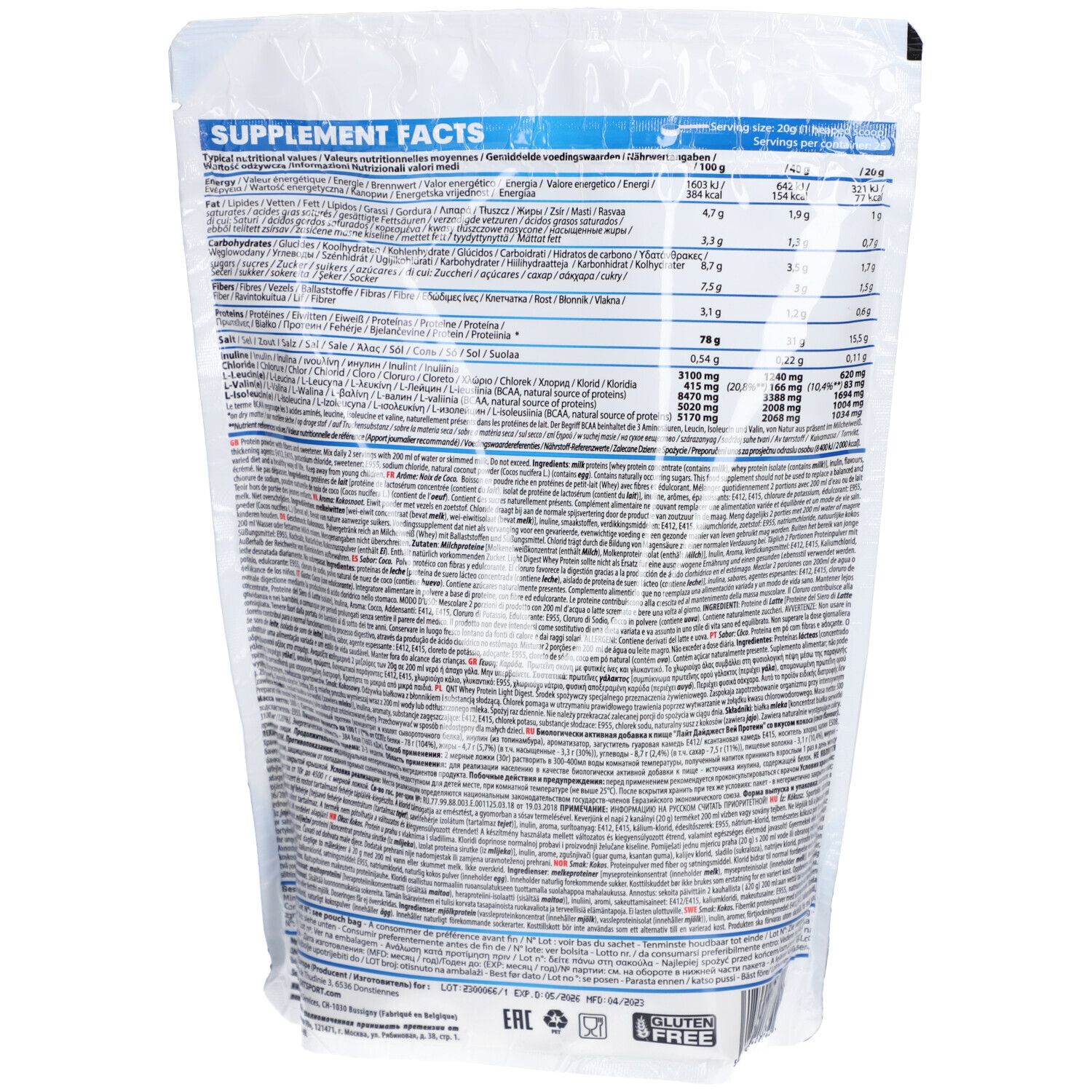 Rückseite des QNT Light Digest Whey Protein Beutels. Enthält Nährwertangaben und Text in mehreren Sprachen.
