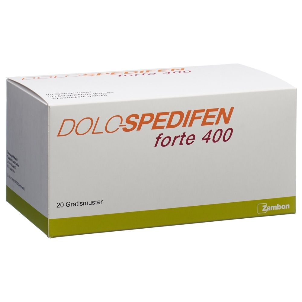 Weiße rechteckige Schachtel. Aufschrift: DOLO-SPEDIFEN forte 400. Grün unterlegt. 20 Gratis Muster. Marke: Zambon.
