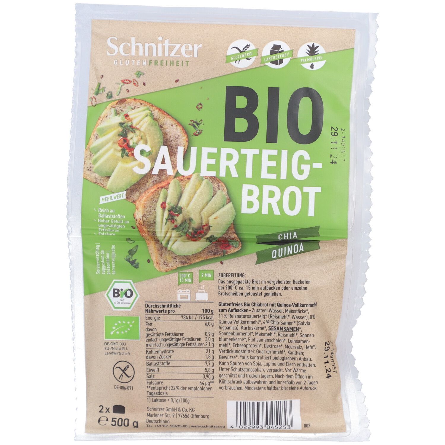 Schnitzer Chia +Quinoa Brot BIO glutenfrei