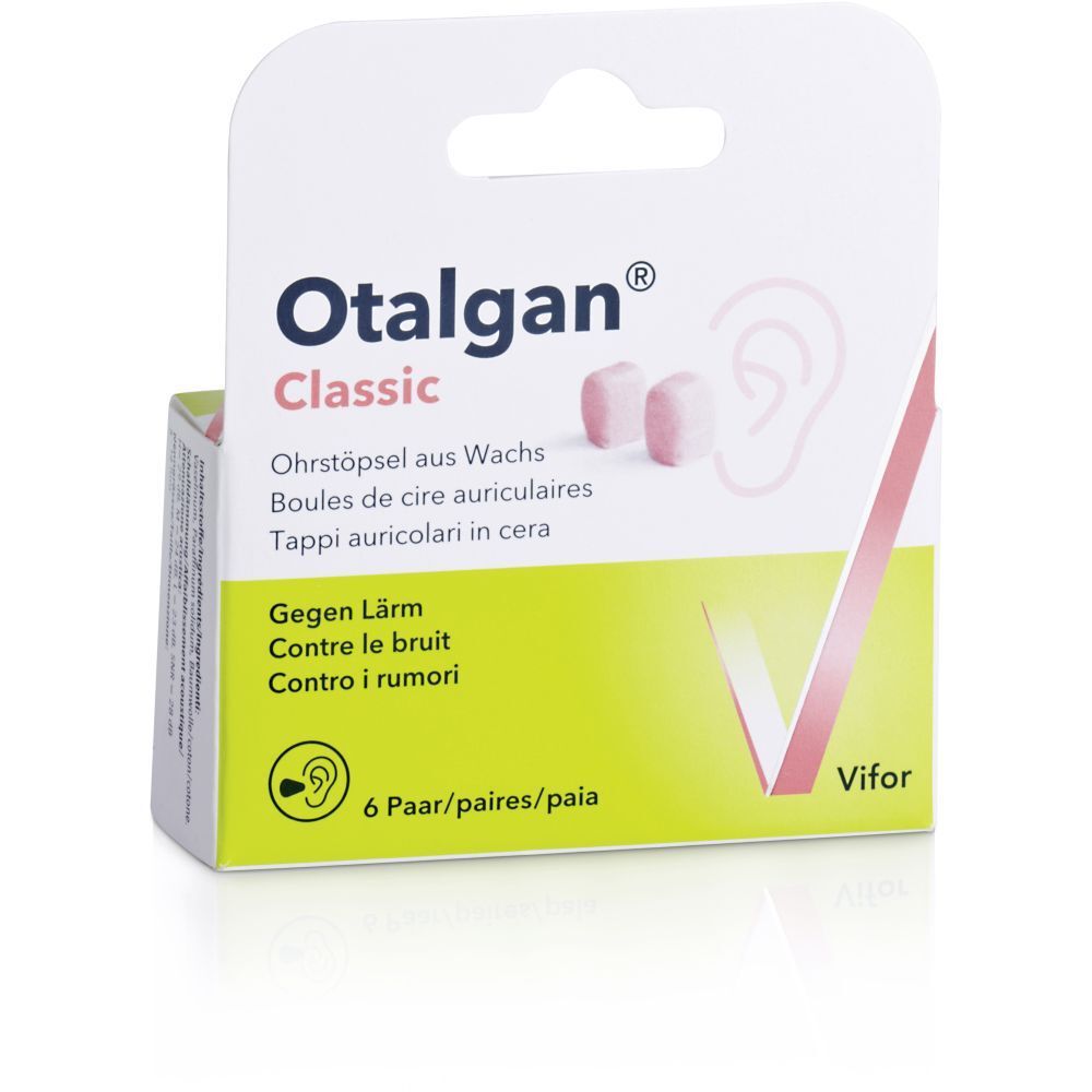 Emballage Otalgan Classic avec 6 paires de bouchons d'oreille. Nom du produit et symbole d'oreille sur fond blanc avec accents roses.
