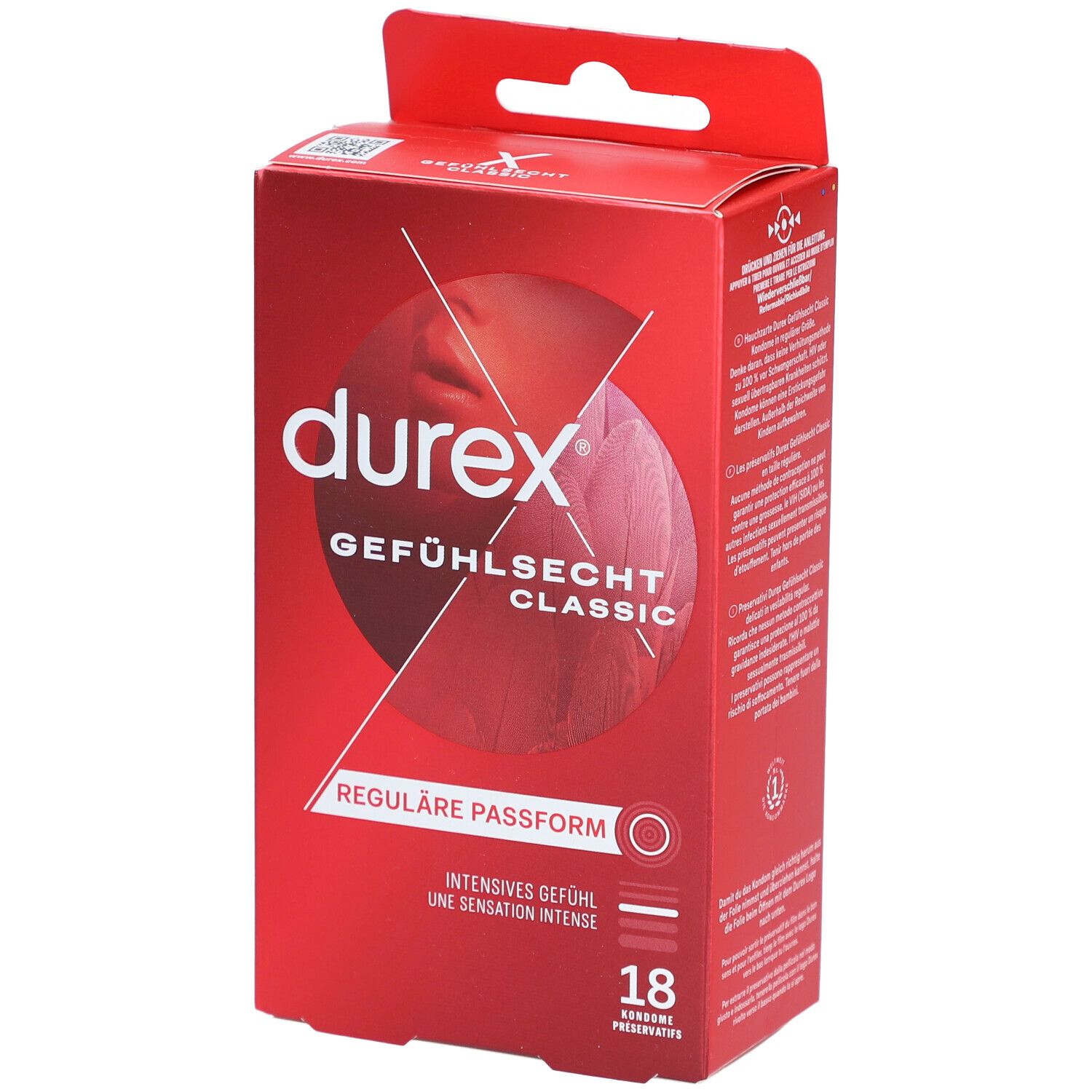Rote Schachtel mit Durex-Kondomen. Aufschrift: Gefühlssecht Classic, reguläre Passform. 18 Kondome.