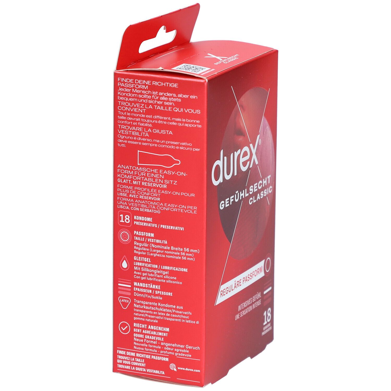 Rote Schachtel mit Durex-Kondomen. Aufschrift: Gefühlssecht Classic, reguläre Passform. Text in mehreren Sprachen.