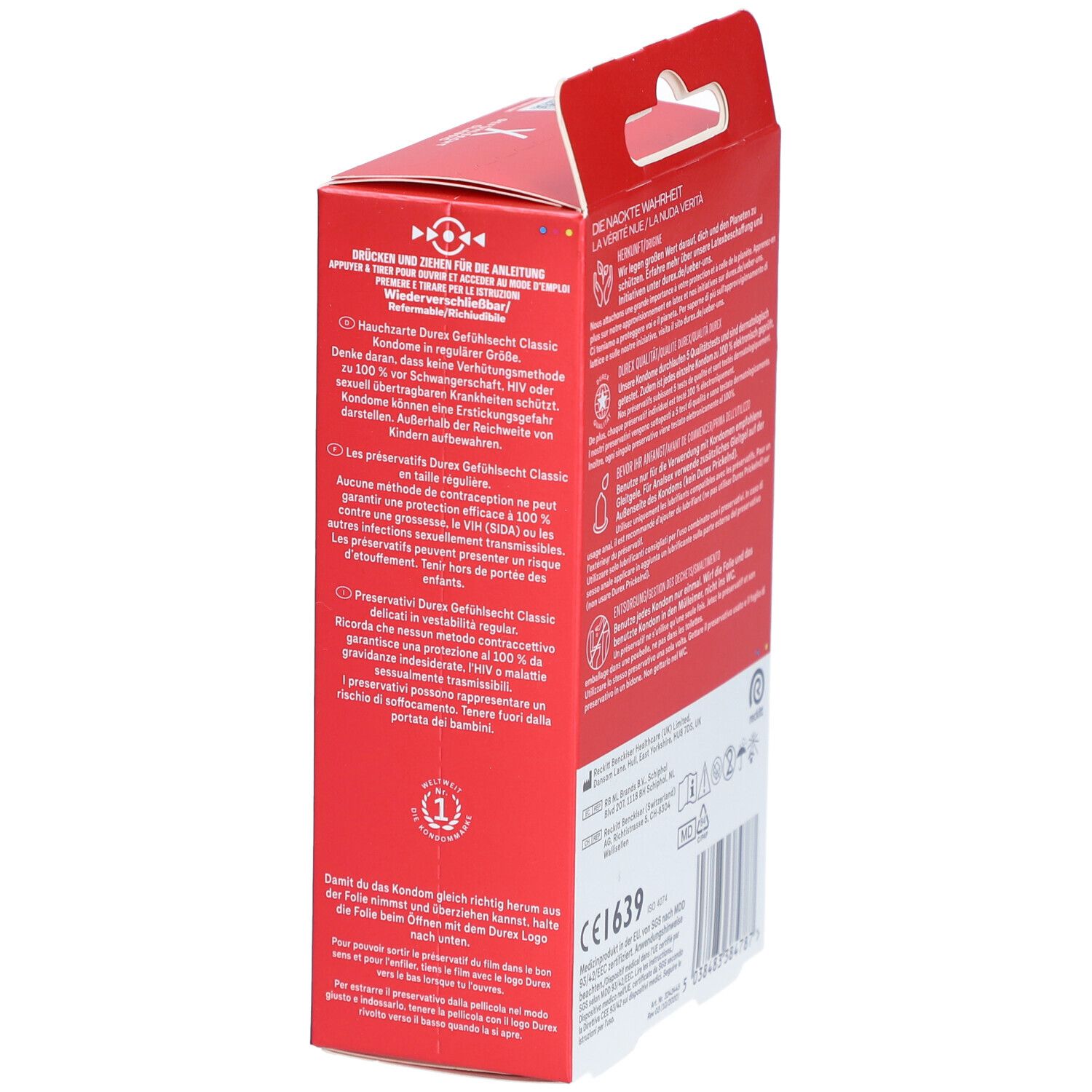 Rote Durex-Kondom-Schachtel, Ansicht von der Seite. Text in mehreren Sprachen, CE-Kennzeichnung.