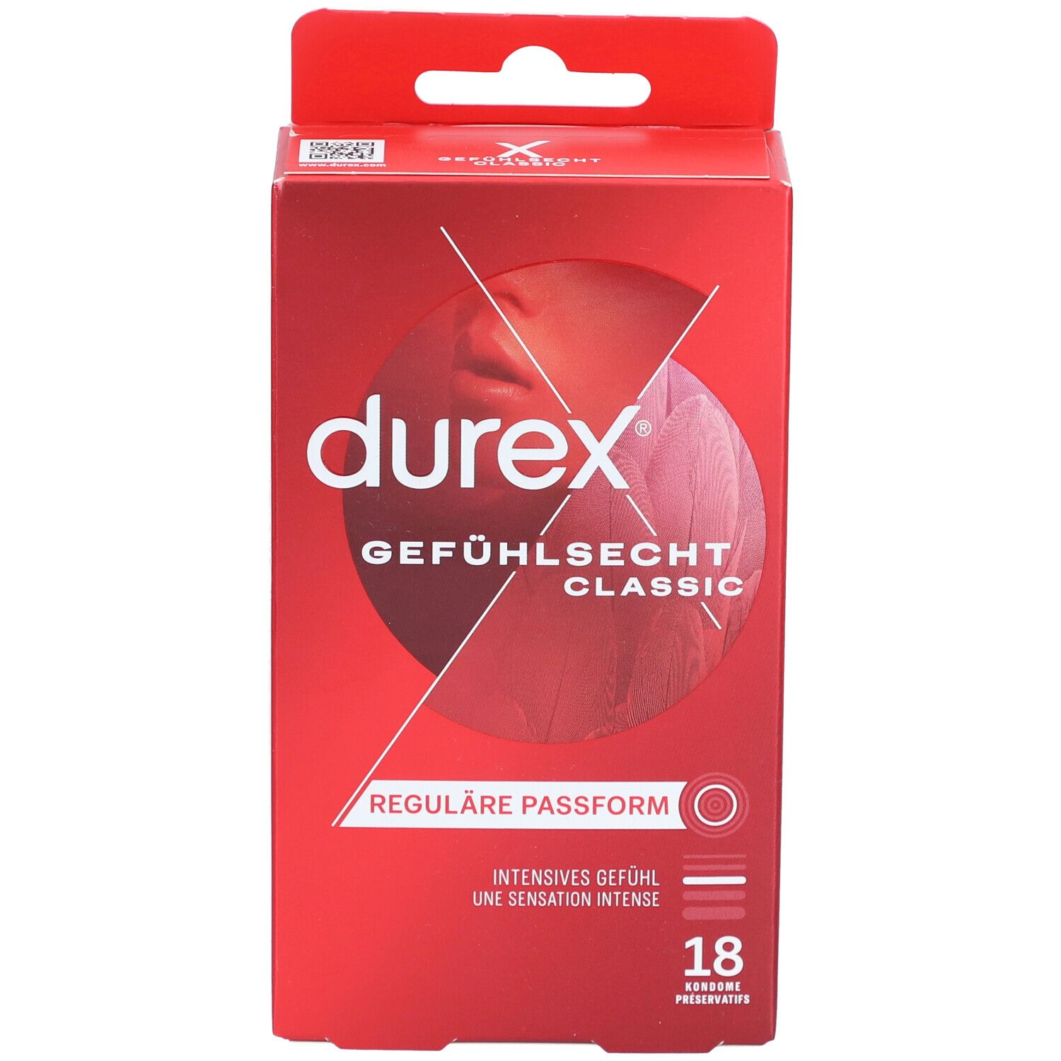 Rote Schachtel mit Durex-Kondomen. Aufschrift: Gefühlssecht Classic, reguläre Passform. 18 Kondome.