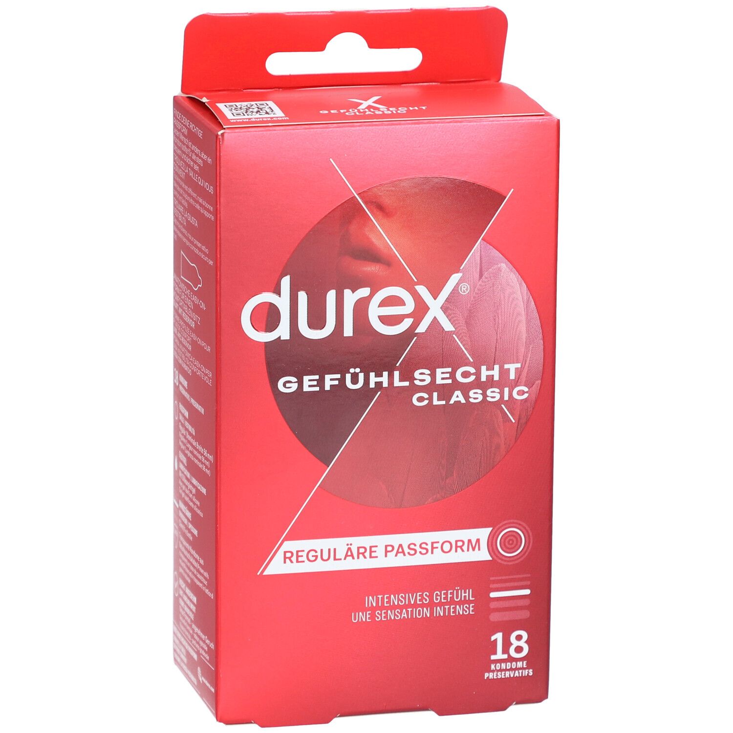 Rote Schachtel mit Durex-Kondomen. Aufschrift: Gefühlssecht Classic, reguläre Passform. 18 Kondome.