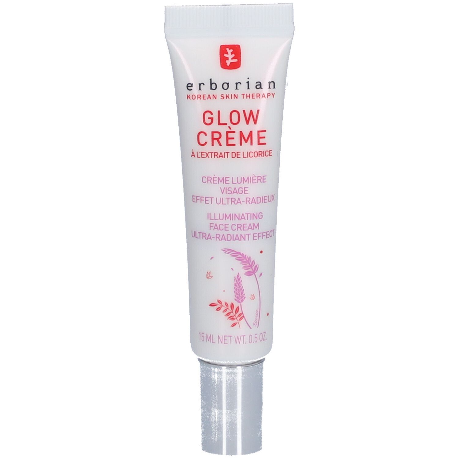 Tube blanc avec bouchon argenté. Inscription: erborian, Glow Crème, Crème Lumière Visage, 15 ml.