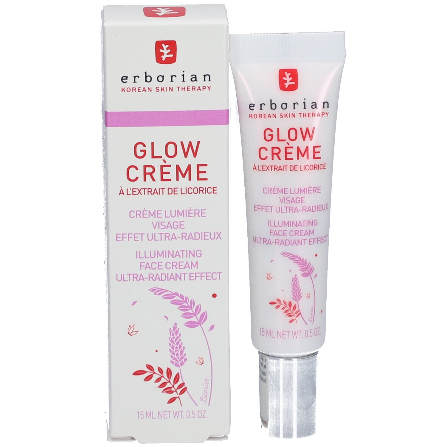 Emballage du produit avec tube et boîte. Inscription: erborian, Glow Crème, Crème Lumière Visage, 15 ml.