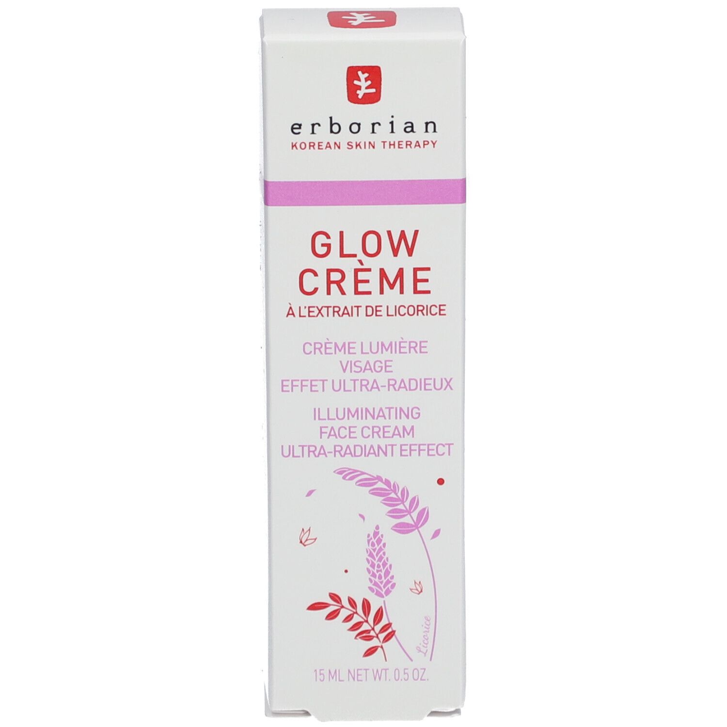 Boîte blanche avec accents roses. Inscription: erborian, Glow Crème, Crème Lumière Visage, 15 ml.