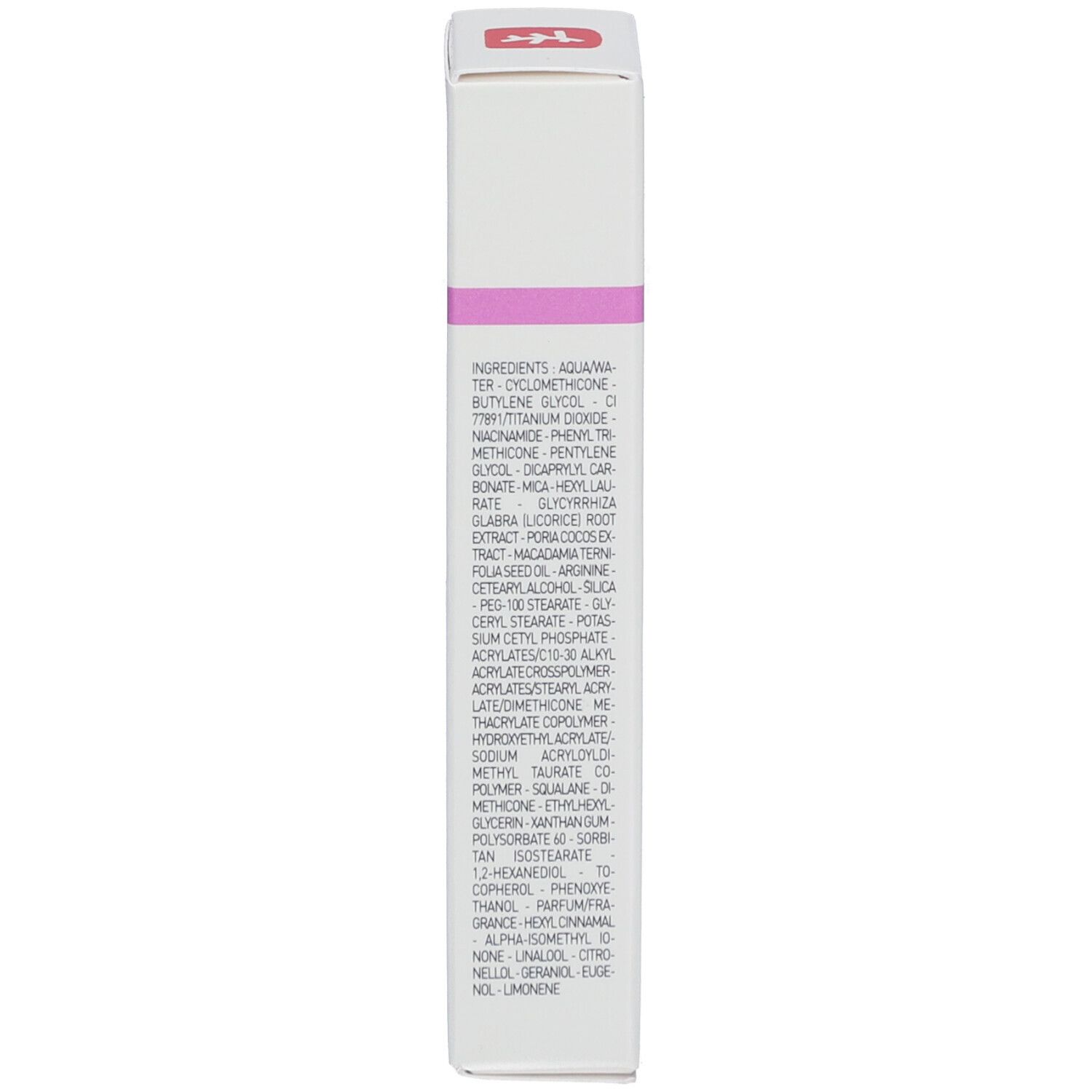 Côté de la boîte blanche. Liste des ingrédients du produit.