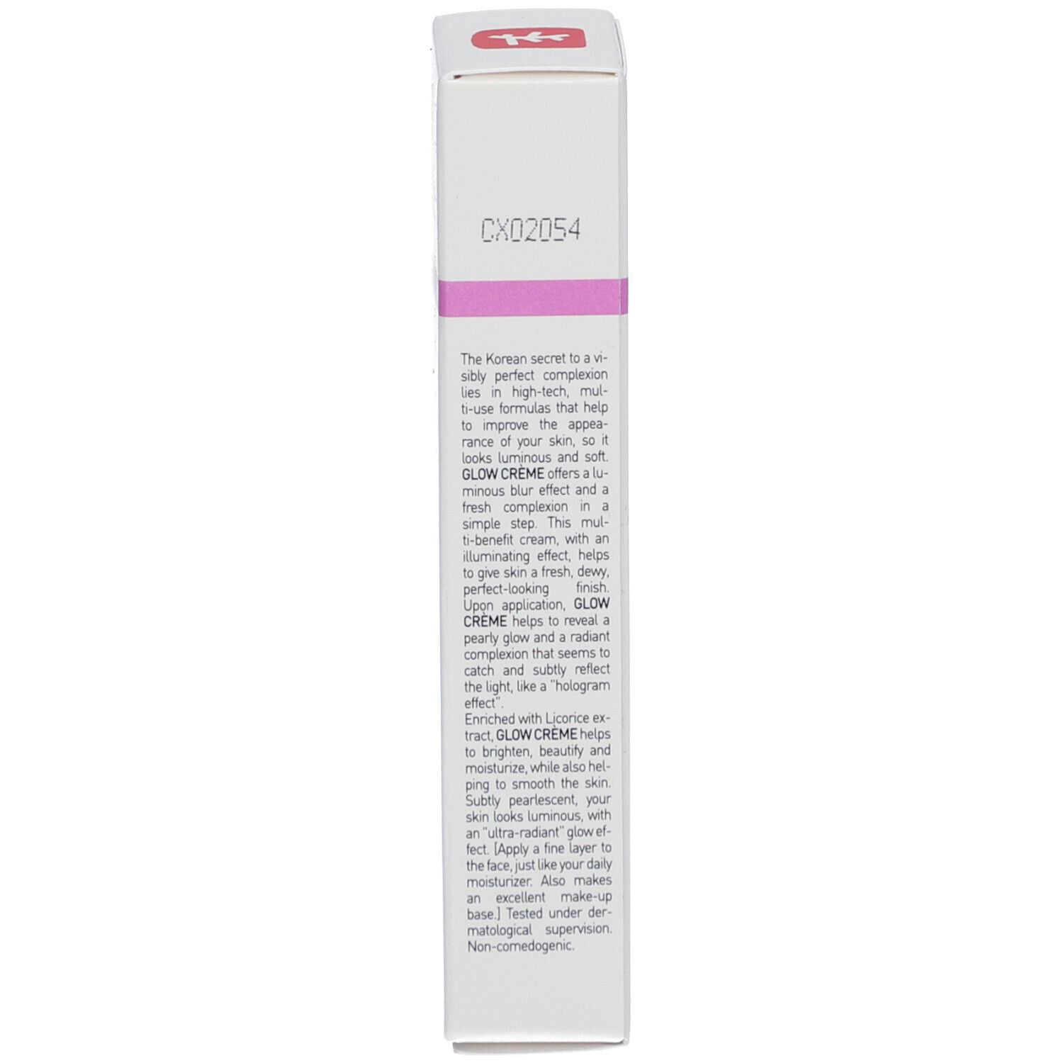 Côté de la boîte blanche. Description du produit en anglais.
