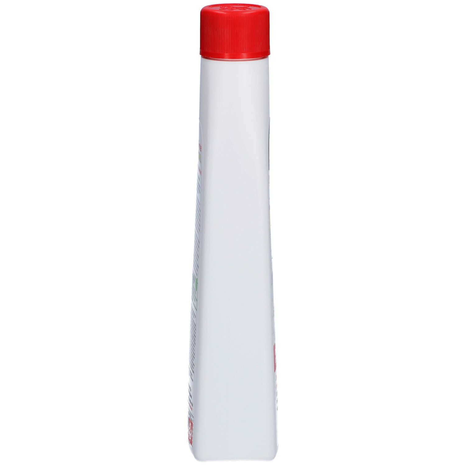 Flacon blanc étroit avec bouchon rouge. Vue latérale. Aucun autre détail visible.