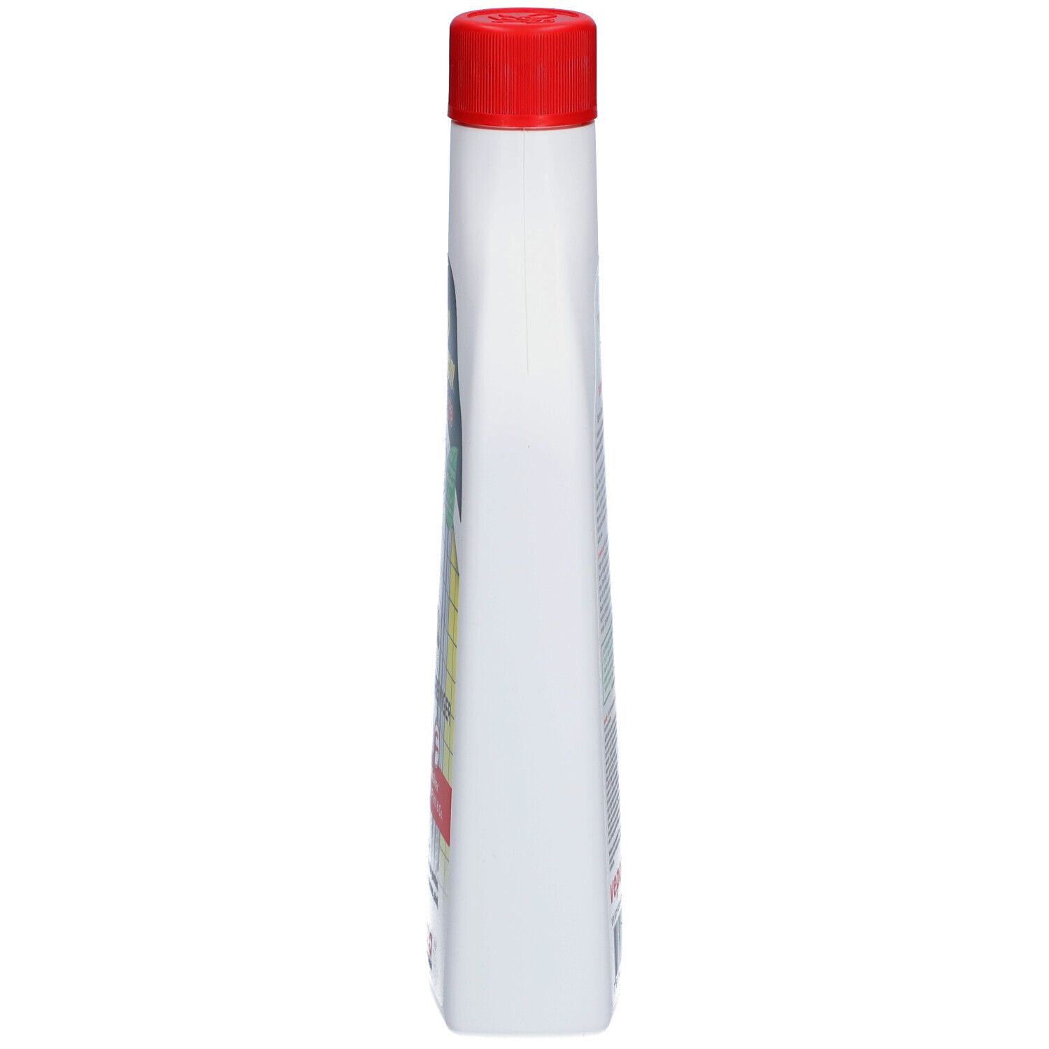 Flacon blanc étroit avec bouchon rouge. Vue latérale. Aucun autre détail visible.