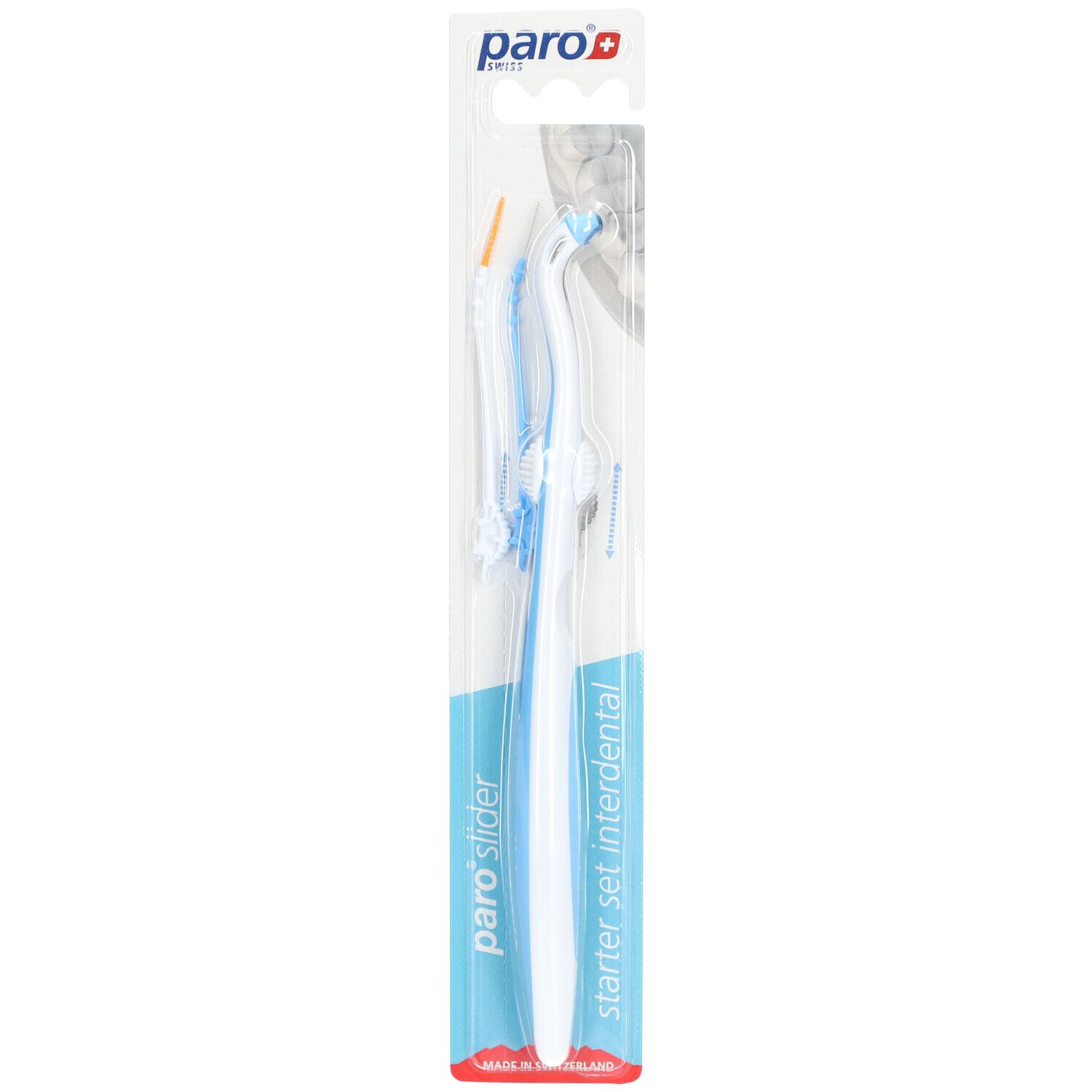 Zahnzwischenraum-Reinigungsbürsten in Blisterverpackung. Blaue und weiße Griffe, orangefarbene Bürsten. "paro slider" und "starter set interdental" beschriftet.
