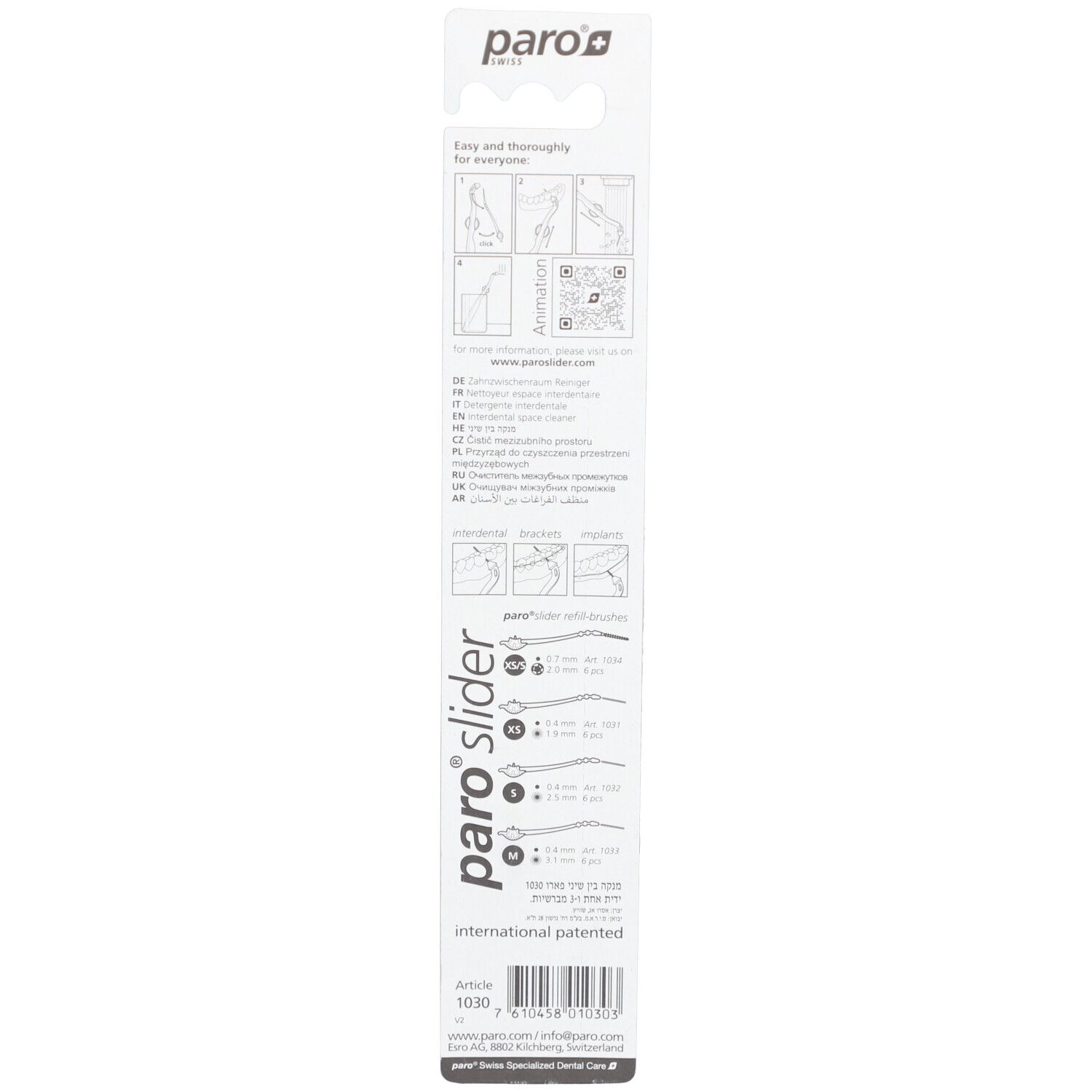Rückseite der Blisterverpackung mit Produktinformationen. Illustrationen, Text in mehreren Sprachen. "paro slider" und "international patented" beschriftet.