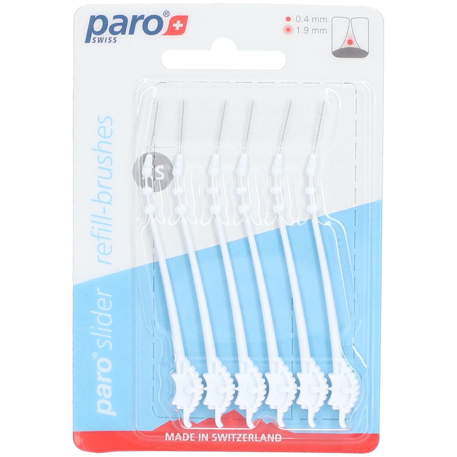 Blisterpackung mit weißen Interdentalbürsten. Sechs Bürsten mit XS-Größe, 0,4 mm Durchmesser. Marke: paro swiss.