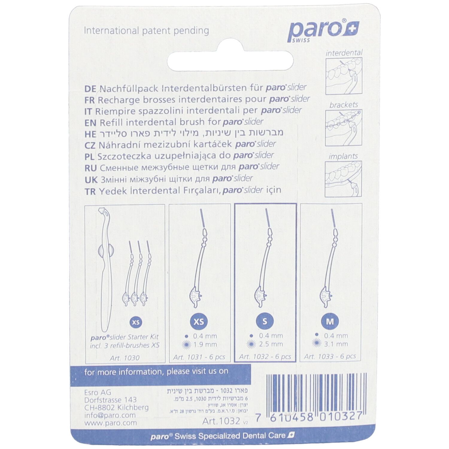 Rückseite der Verpackung mit Produktinformationen. Grafische Darstellungen der Bürsten. Größenangaben: XS, S, M.