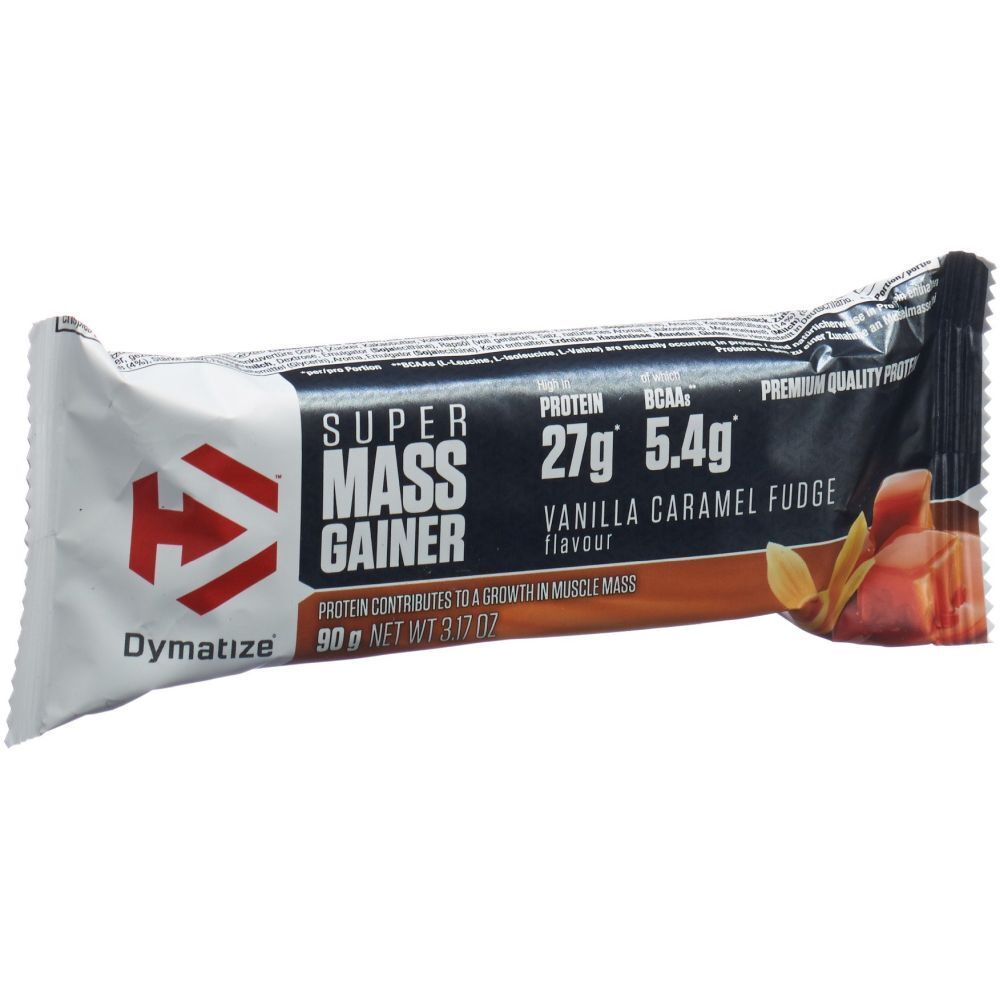 Riegelverpackung mit Produktnamen SUPER MASS GAINER, Geschmacksrichtung Vanilla Caramel Fudge. Enthält 27g Protein und 5,4g BCAA.