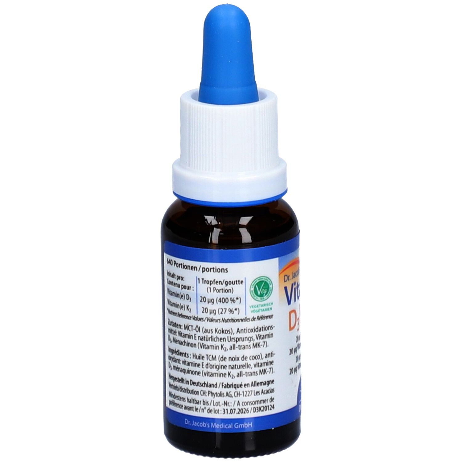 Braune Glasflasche mit blauem Tropfer. Aufschrift: Vitamin D3K2 Öl, Dr. Jacob's. Enthält Vitamin D3 und K2. Rückseite mit Inhaltsstoffen.