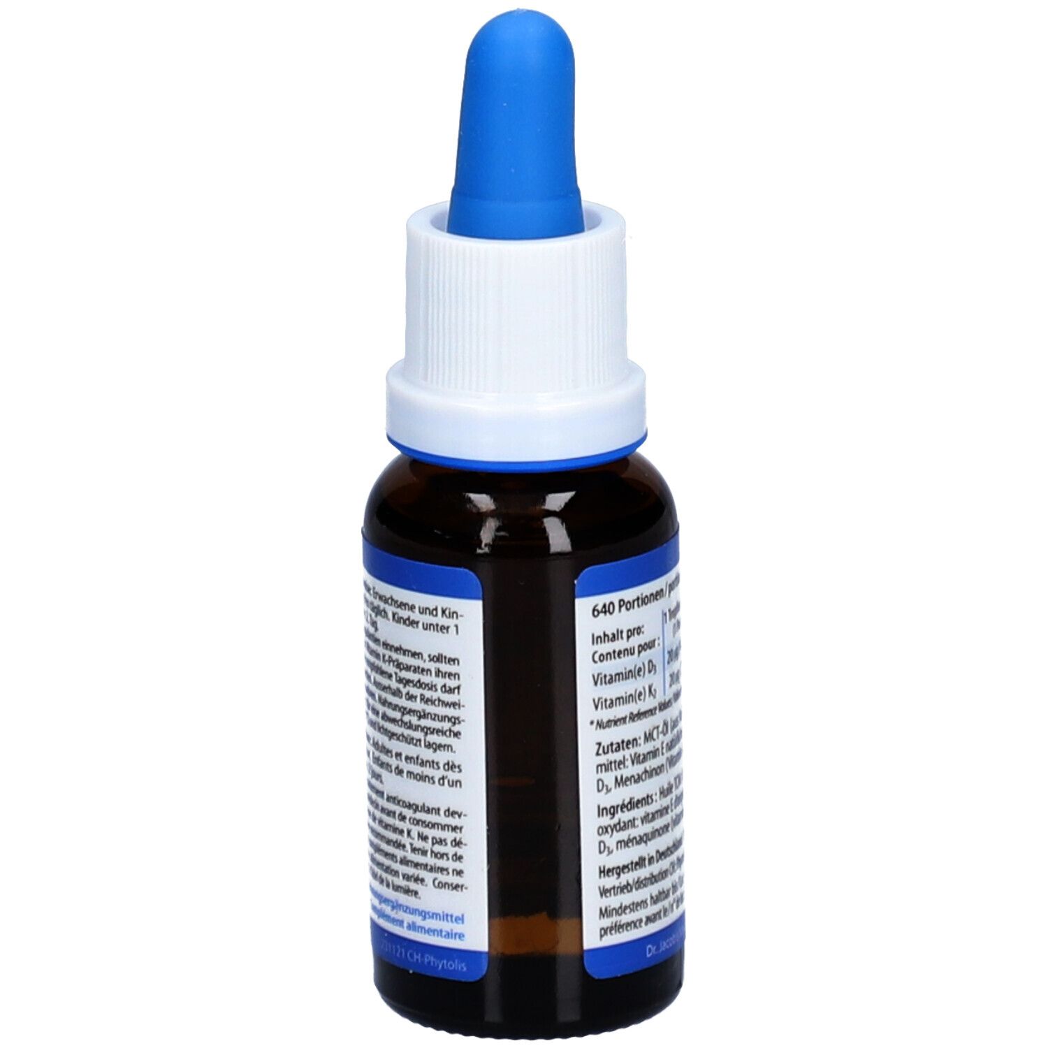 Braune Glasflasche mit blauem Tropfer. Aufschrift: Vitamin D3K2 Öl, Dr. Jacob's. Enthält Vitamin D3 und K2. Rückseite mit Informationen.