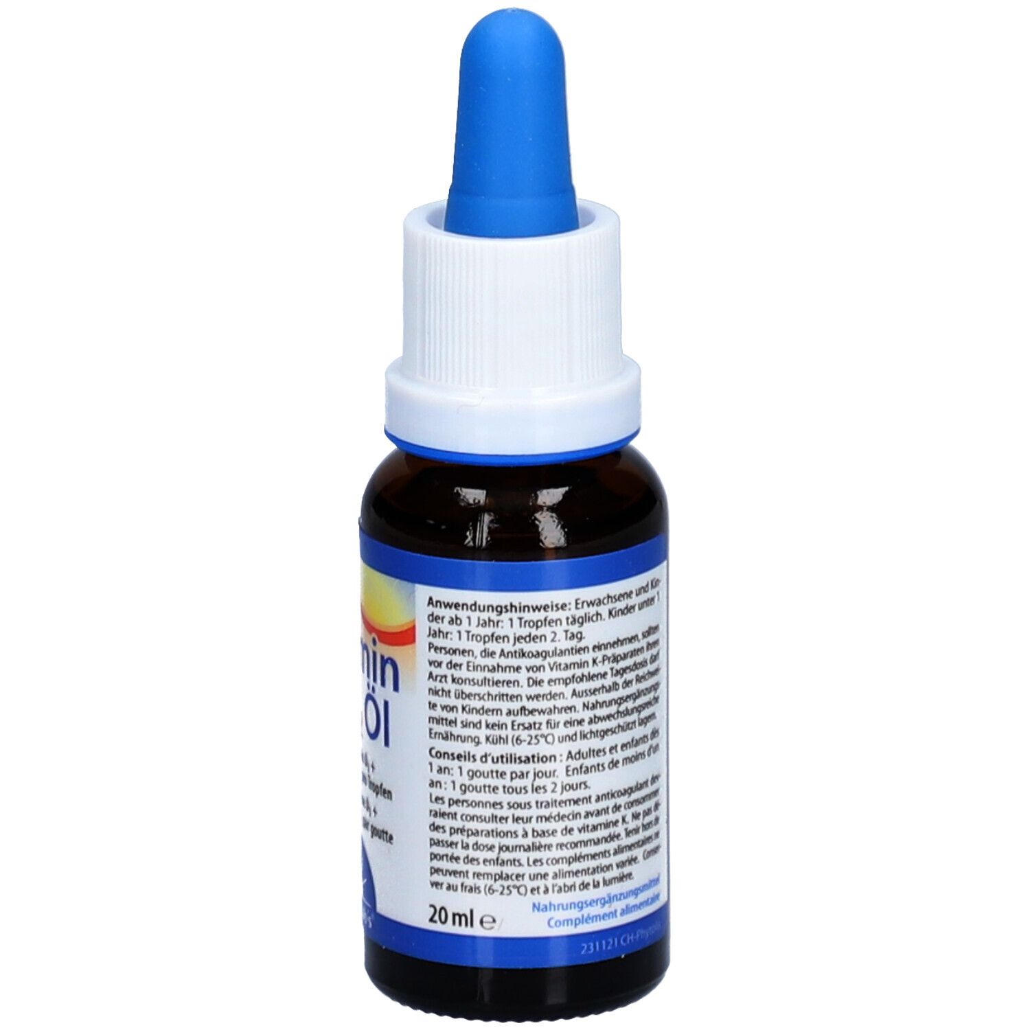 Braune Glasflasche mit blauem Tropfer. Aufschrift: Vitamin D3K2 Öl, Dr. Jacob's. Enthält Vitamin D3 und K2. Anwendungshinweise.