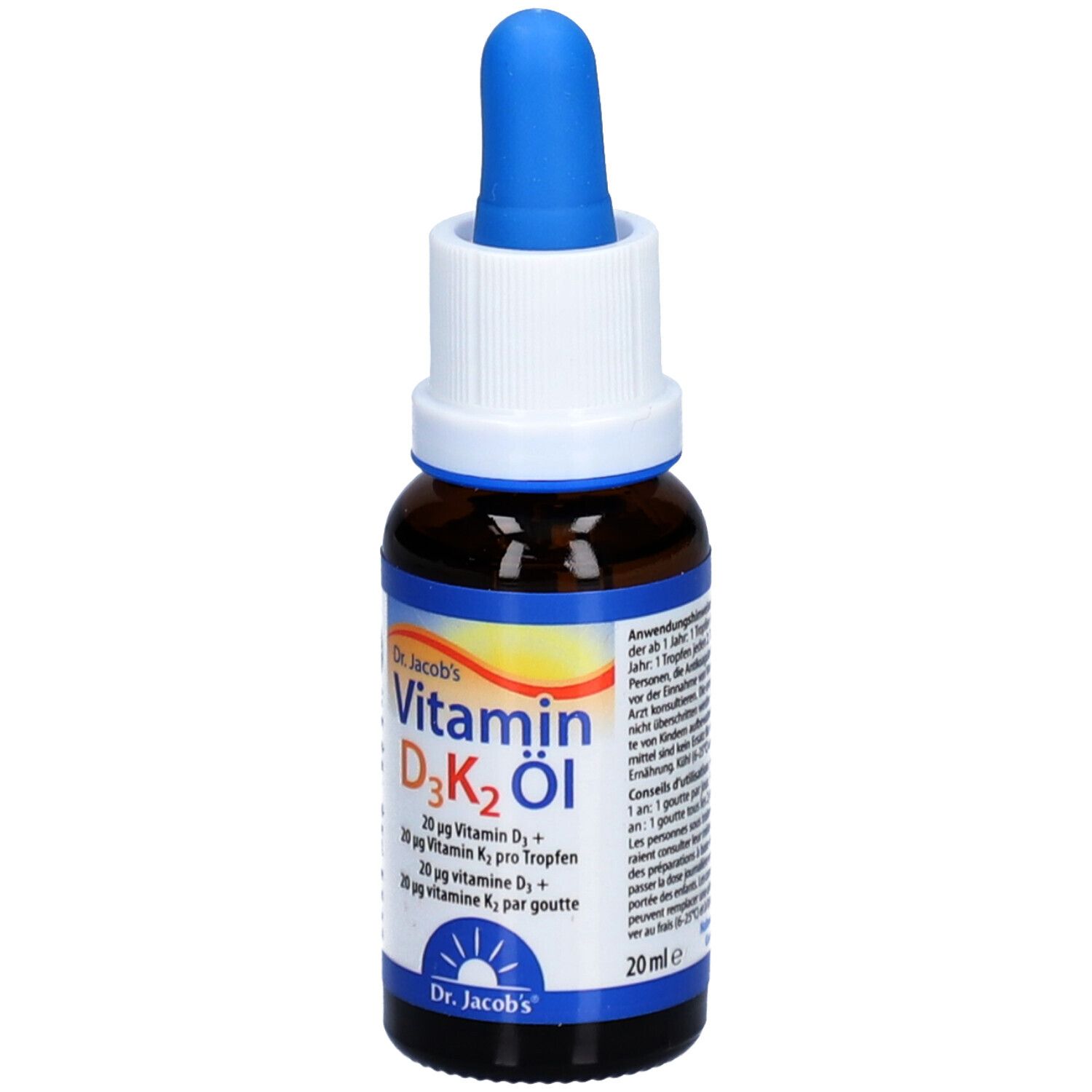 Braune Glasflasche mit blauem Tropfer. Aufschrift: Vitamin D3K2 Öl, Dr. Jacob's. Enthält Vitamin D3 und K2. 20 ml.