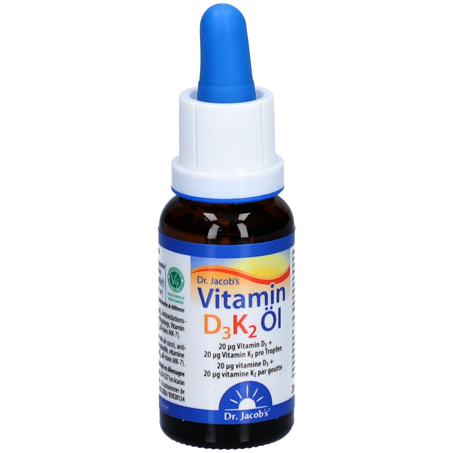 Braune Glasflasche mit blauem Tropfer. Aufschrift: Vitamin D3K2 Öl, Dr. Jacob's. Enthält Vitamin D3 und K2. Grün-Siegel.