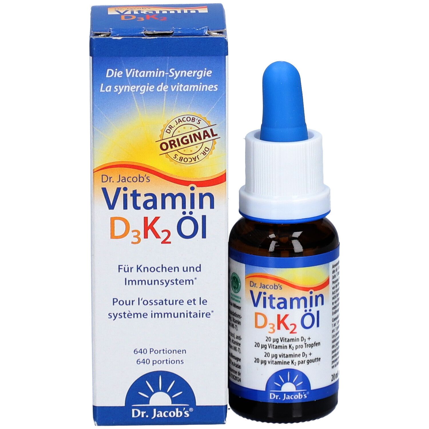Produkt und Verpackung. Braune Flasche mit blauem Tropfer und Karton. Aufschrift: Vitamin D3K2 Öl, Dr. Jacob's.