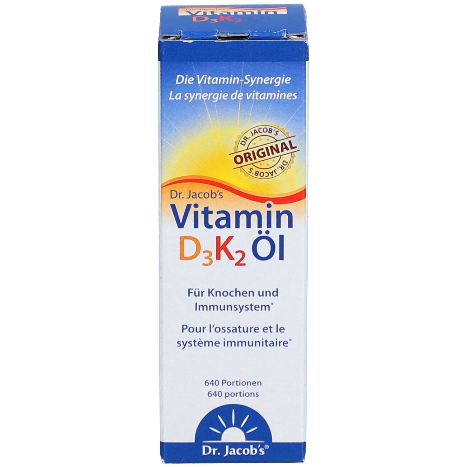 Produkt und Verpackung. Karton mit Aufschrift: Vitamin D3K2 Öl, Dr. Jacob's. Für Knochen und Immunsystem.